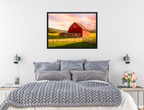 Painting of a Red Barn standing on a Field.  Printed on Waterproof - Black Frame Hanging on Bedroom Wall.