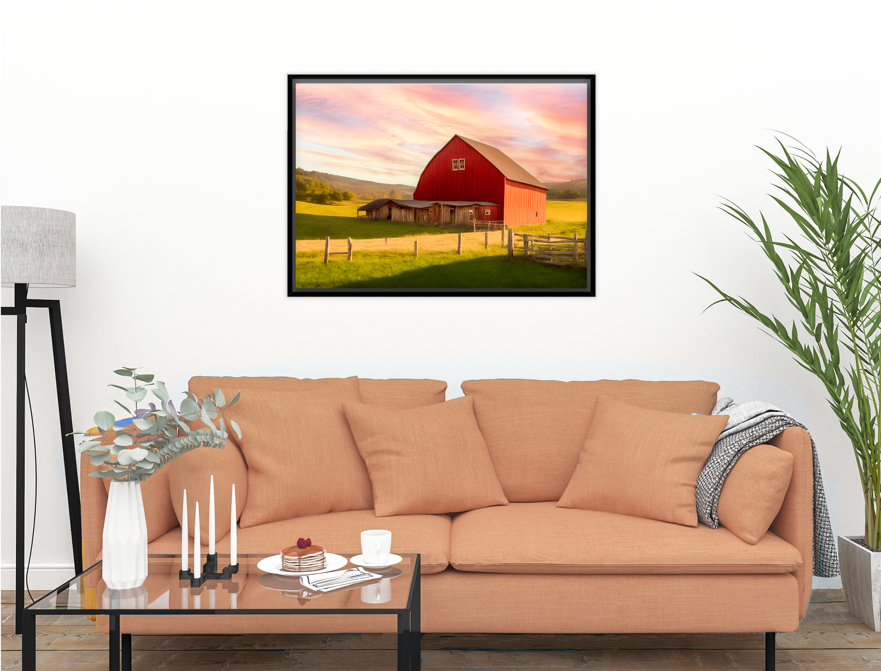 Painting of a Red Barn standing on a Field.  Printed on Waterproof - Black Frame Hanging on Living Room Wall with Beige Couch.