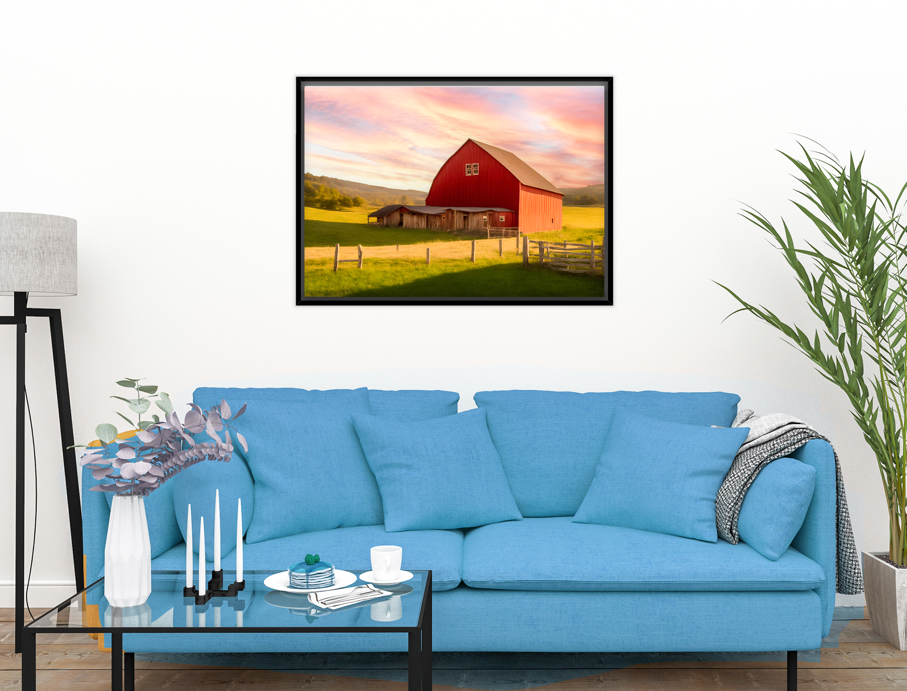 Painting of a Red Barn standing on a Field.  Printed on Waterproof - Black Frame Hanging on Living Room Wall with Blue Couch.