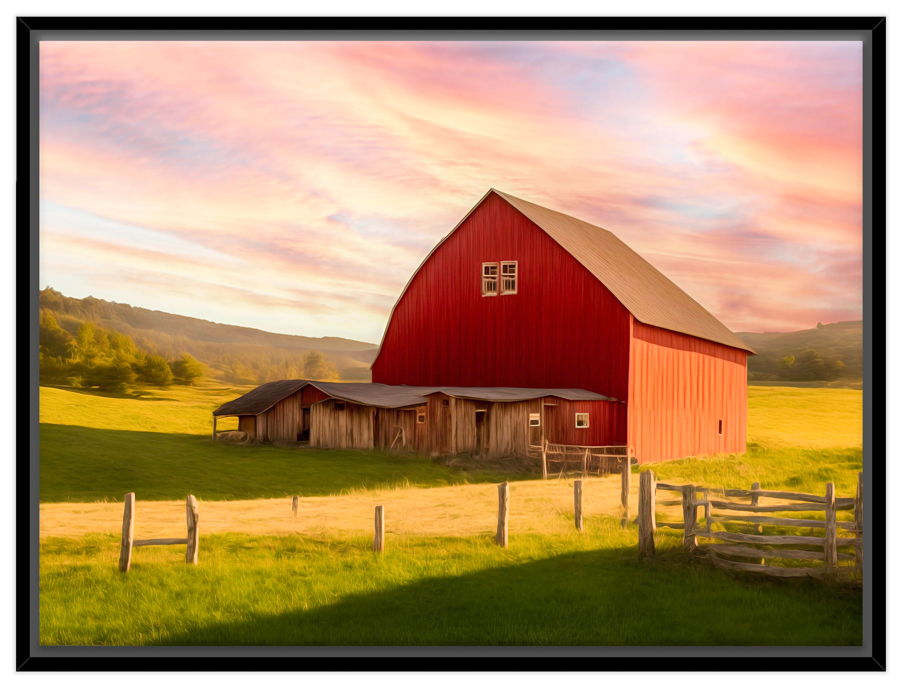 Painting of a Red Barn standing on a Field.  Printed on Waterproof - Black Frame.  