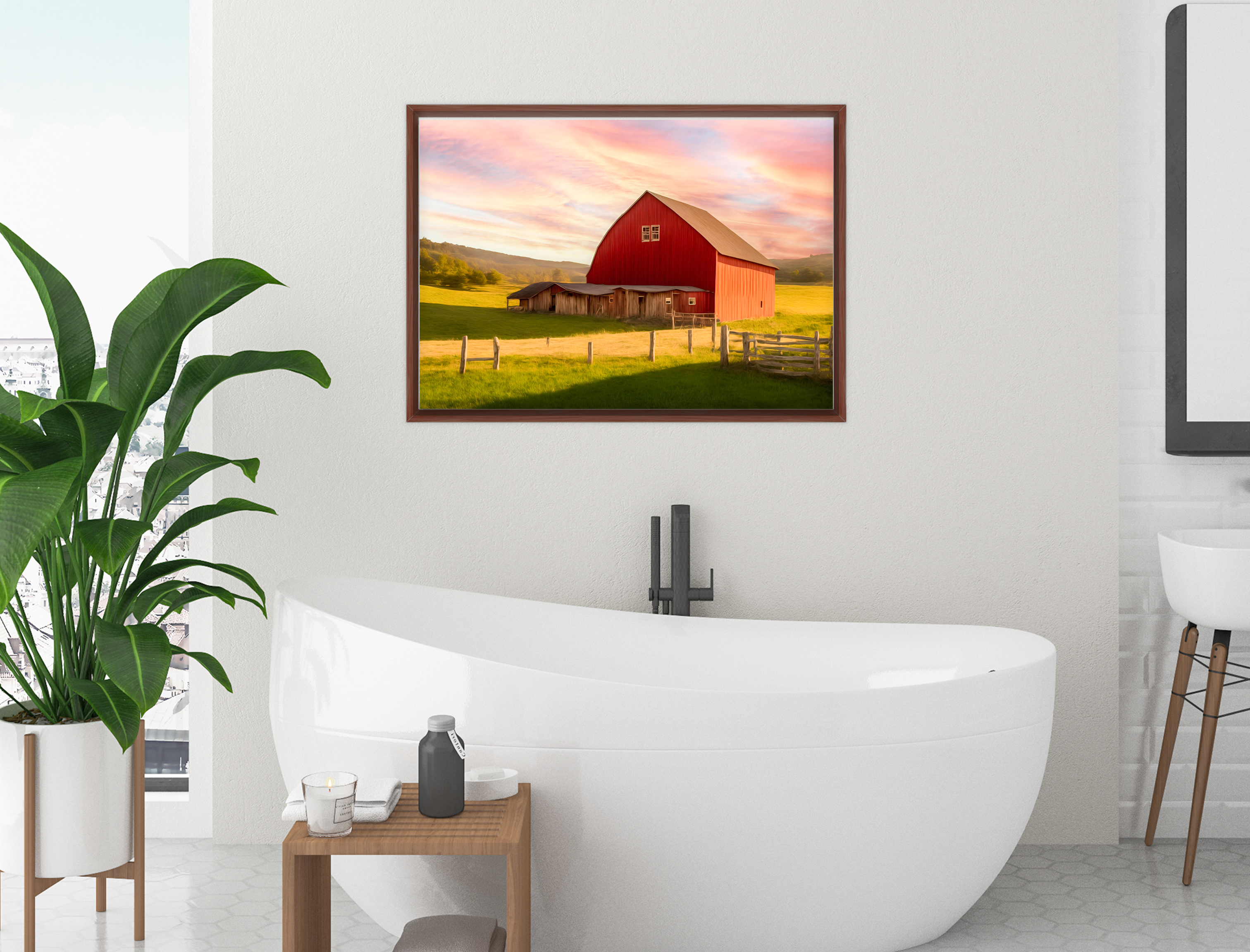 Painting of a Red Barn standing on a Field.  Printed on Waterproof Canvas with Brown Frame - Hanging on Bathroom Wall