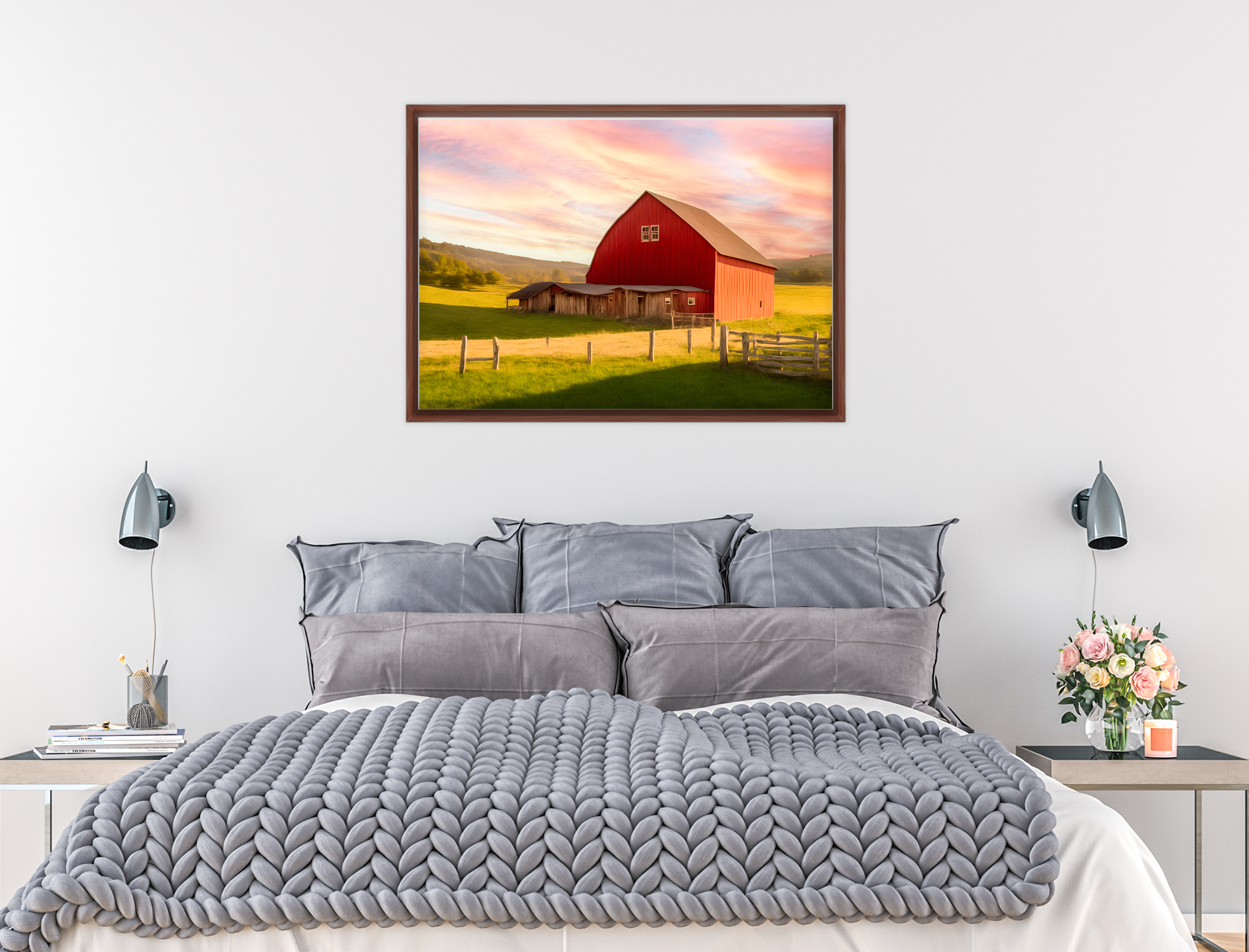 Painting of a Red Barn standing on a Field.  Printed on Waterproof Canvas with Brown Frame - Hanging on Bedroom Wall