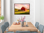 Painting of a Red Barn standing on a Field.  Printed on Waterproof Canvas with Brown Frame - Hanging on Dining Room Wall.