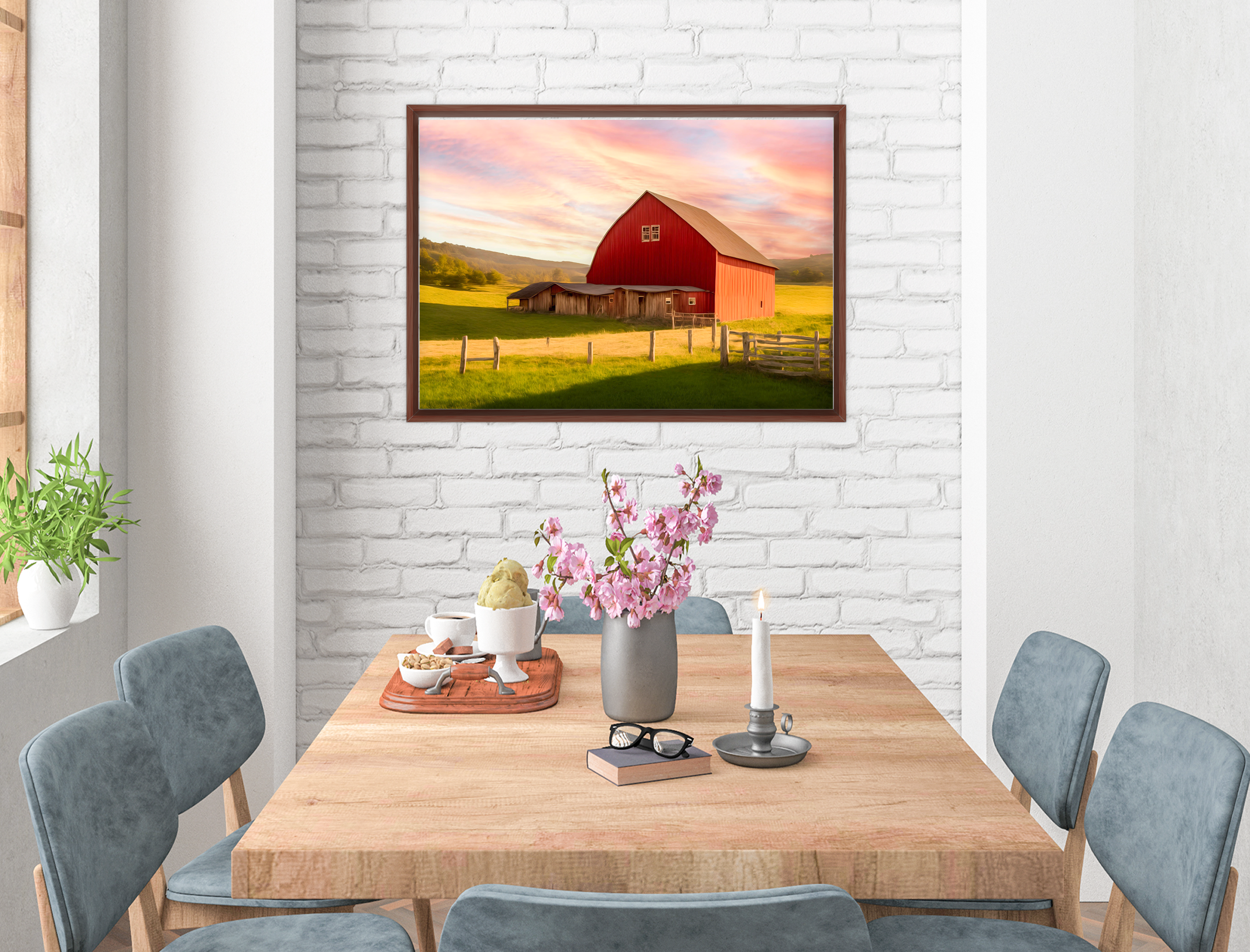 Painting of a Red Barn standing on a Field.  Printed on Waterproof Canvas with Brown Frame - Hanging on Dining Room Wall.