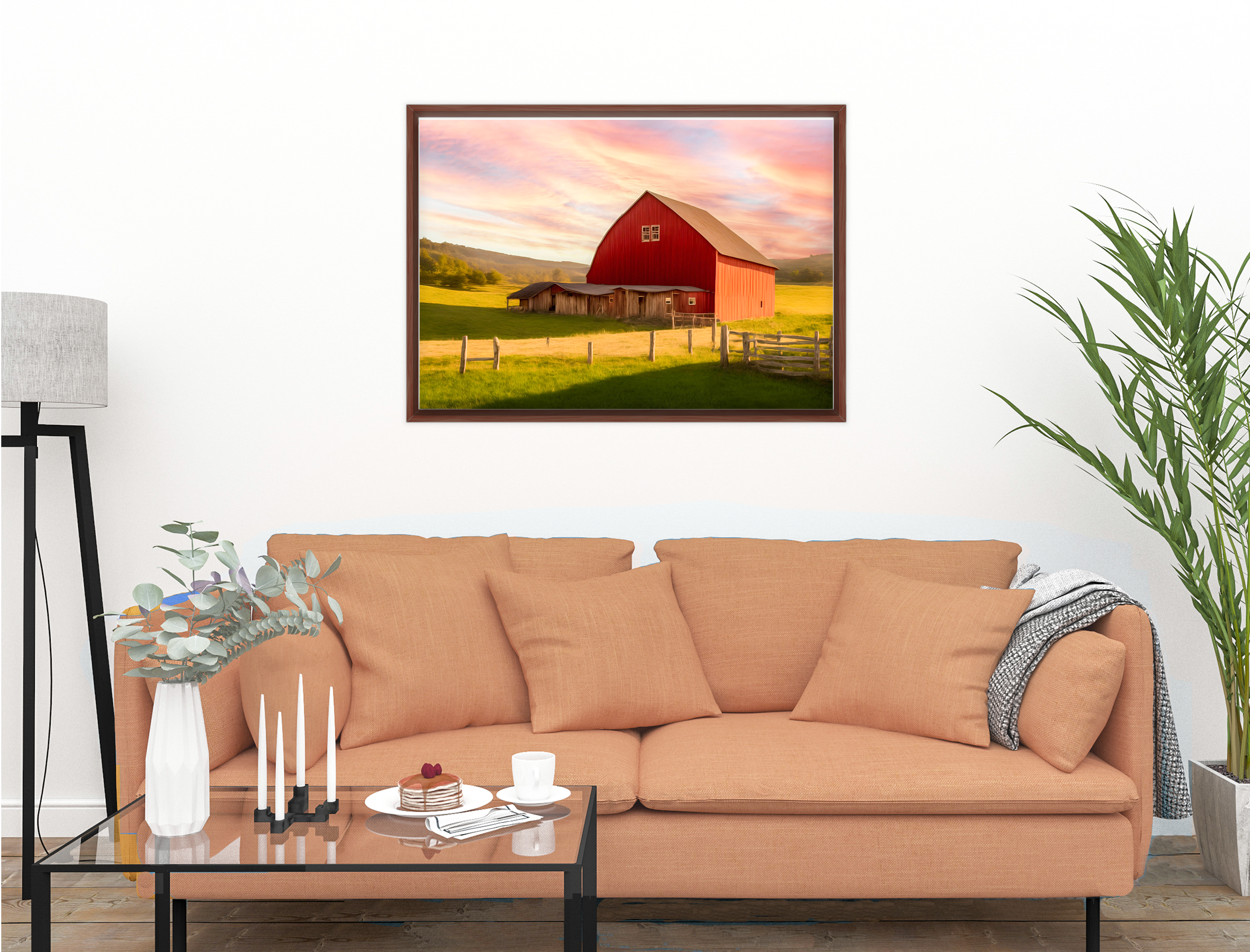 Painting of a Red Barn standing on a Field.  Printed on Waterproof Canvas with Brown Frame Hanging on Living Room Wall with Beige Couch