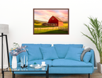 Painting of a Red Barn standing on a Field.  Printed on Waterproof Canvas with Brown Frame - Blue Couch.
