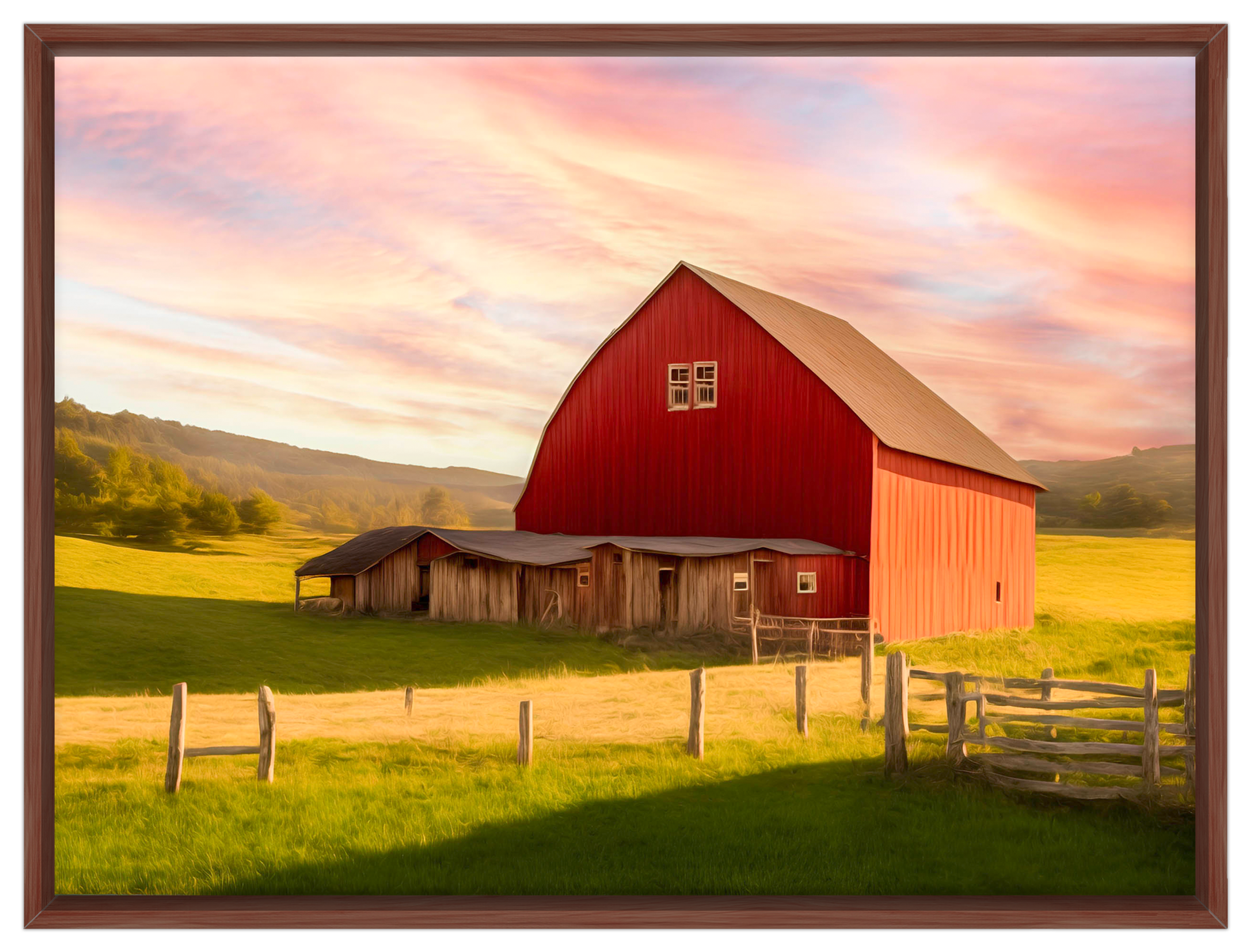 Painting of a Red Barn standing on a Field.  Printed on Waterproof Canvas with Brown Frame