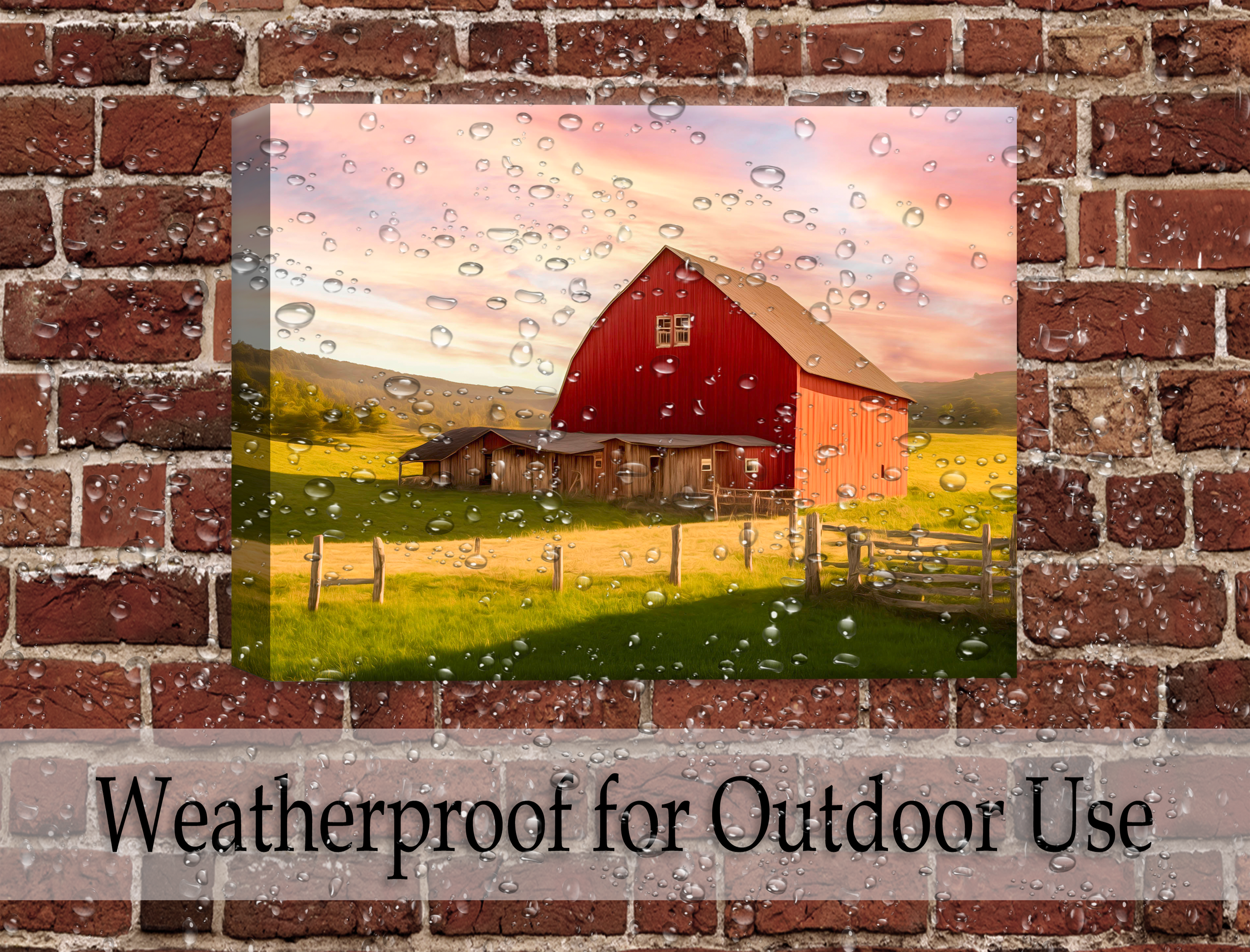 Painting of a Red Barn standing on a Field.  Printed on Waterproof Canvas with White Frame - Hanging on Brick Patio Wall with pouring rain - Waterproof.