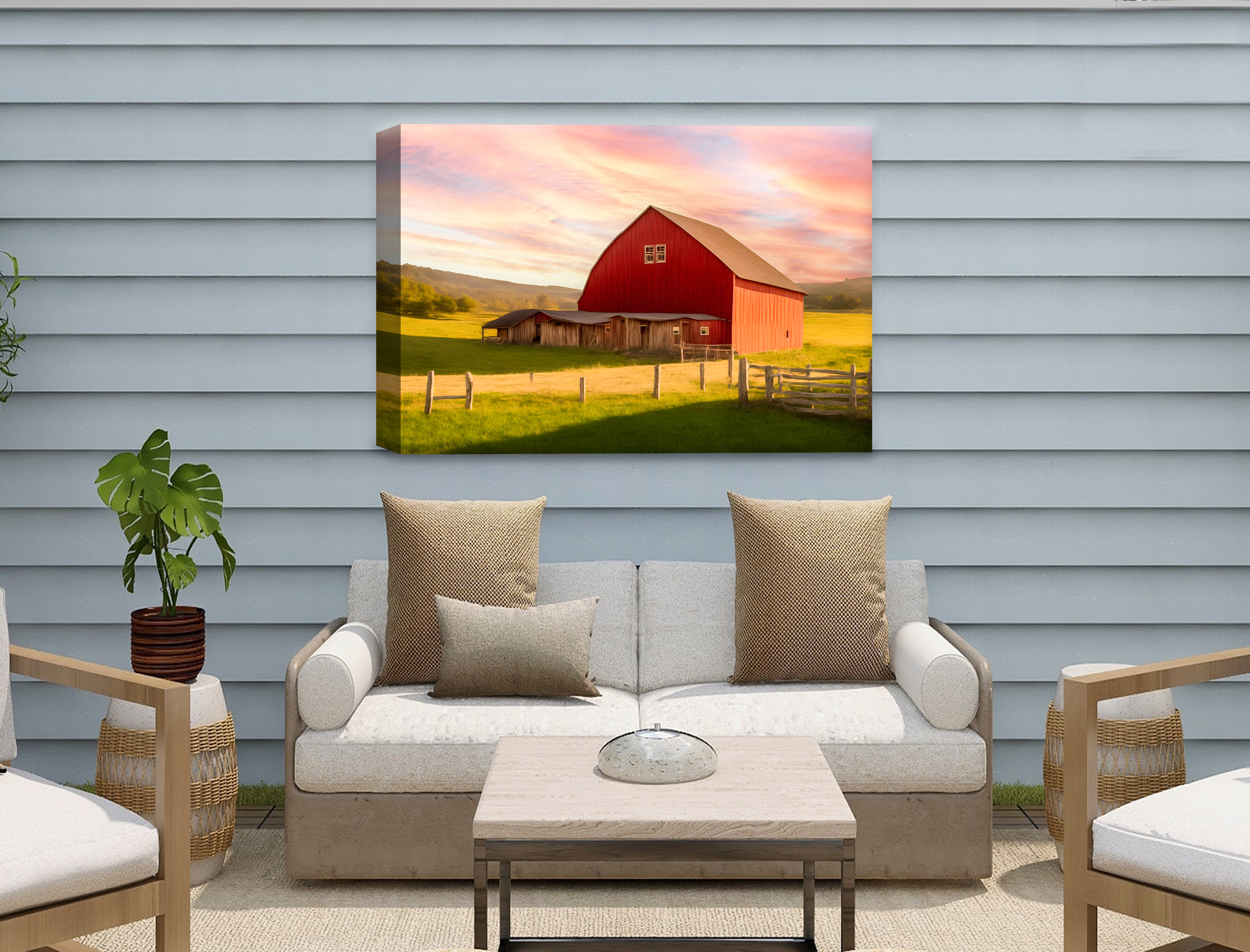 Painting of a Red Barn standing on a Field.  Printed on Waterproof Canvas on Outside Wall 2