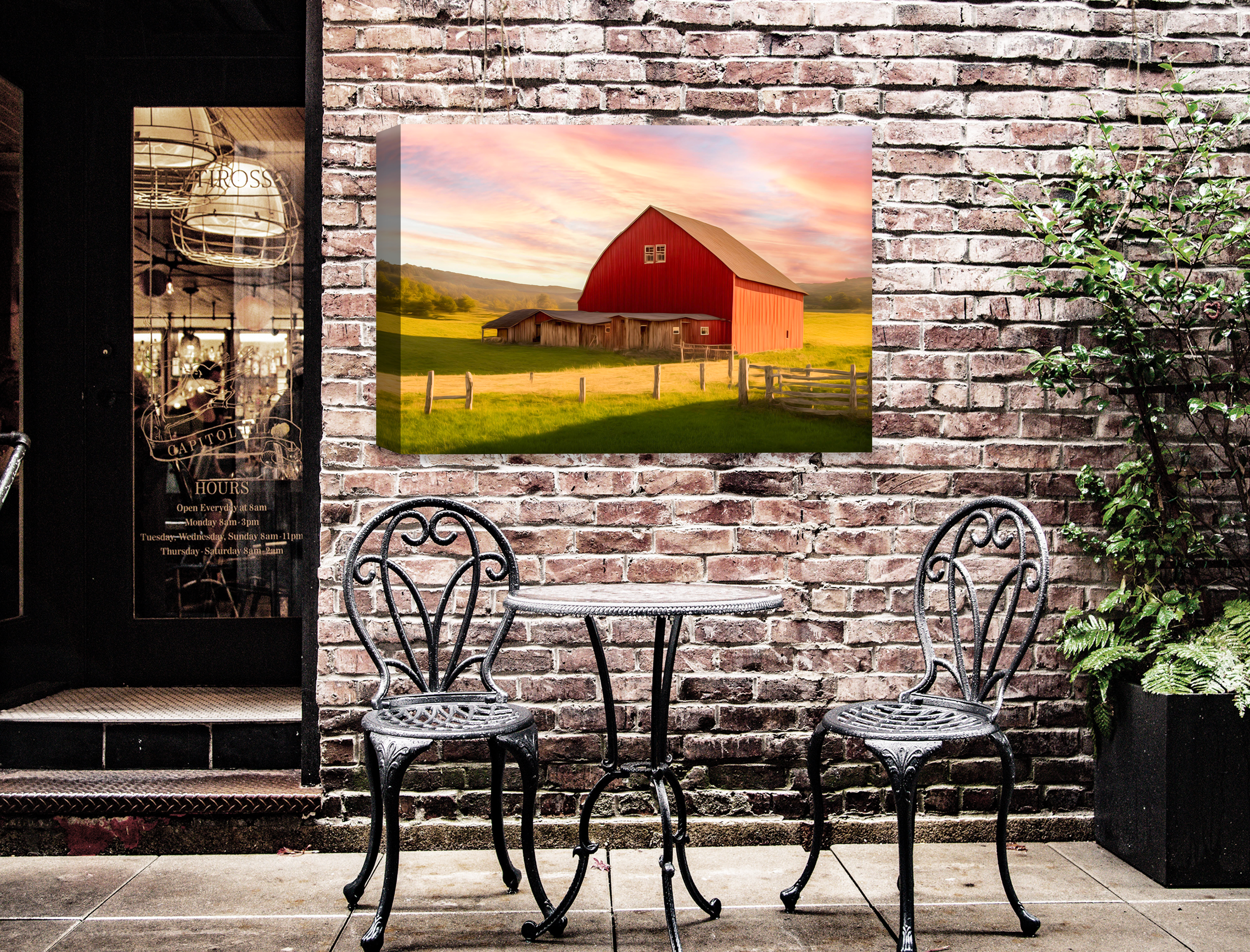 Painting of a Red Barn standing on a Field.  Printed on Waterproof Canvas on Outside Wall 5