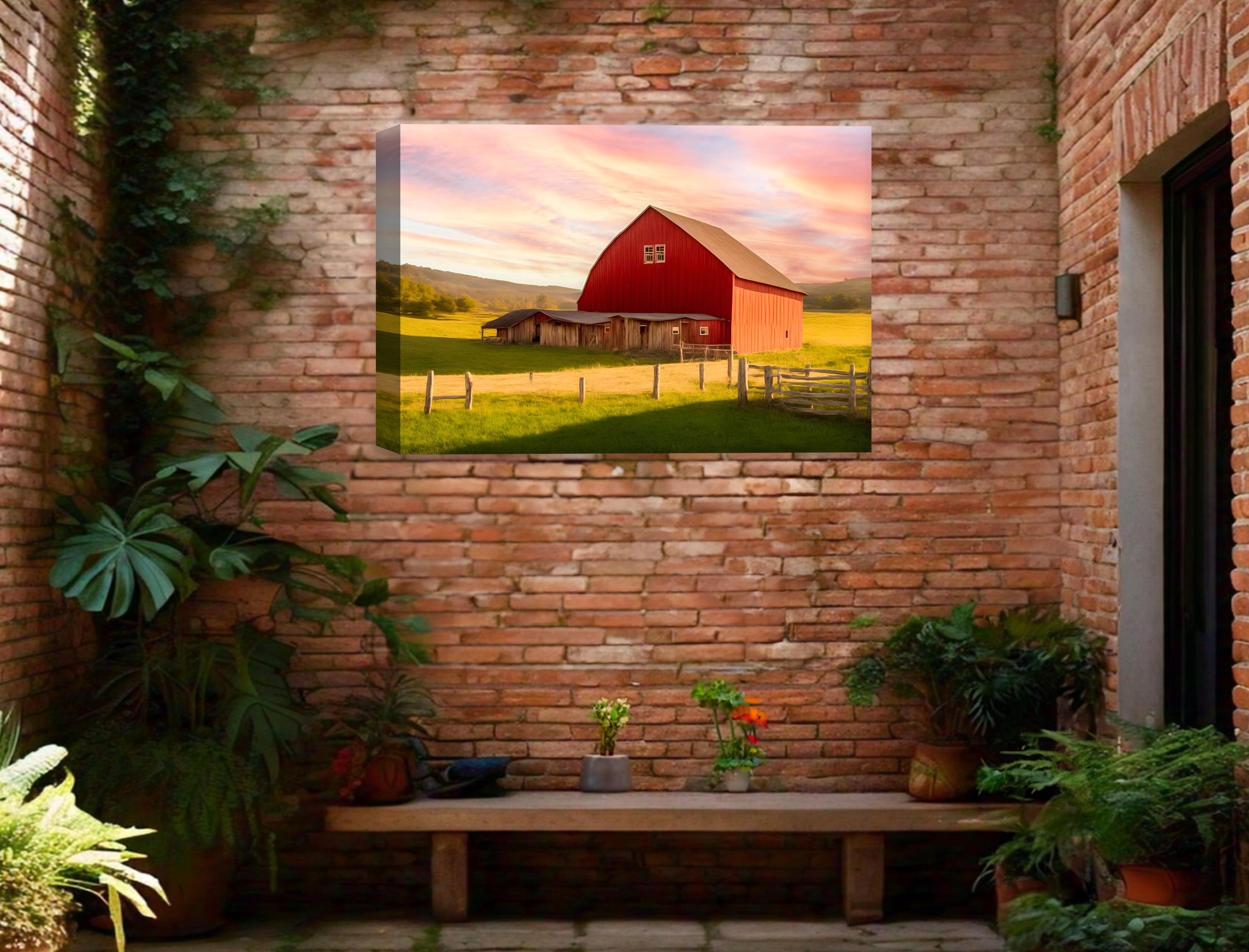Painting of a Red Barn standing on a Field.  Printed on Waterproof Canvas on Outside Wall 