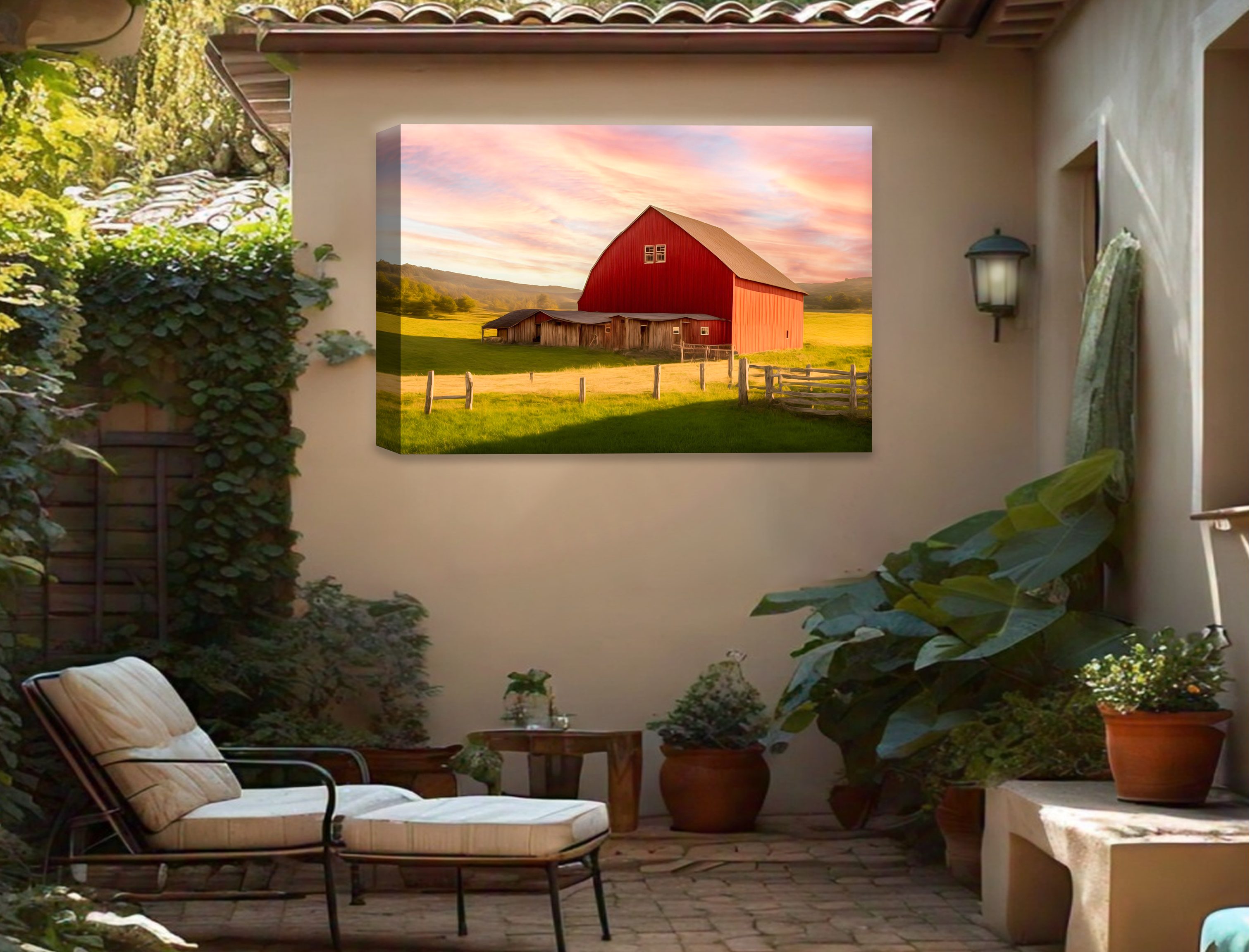 Painting of a Red Barn standing on a Field.  Printed on Waterproof Canvas on Outside Wall 3