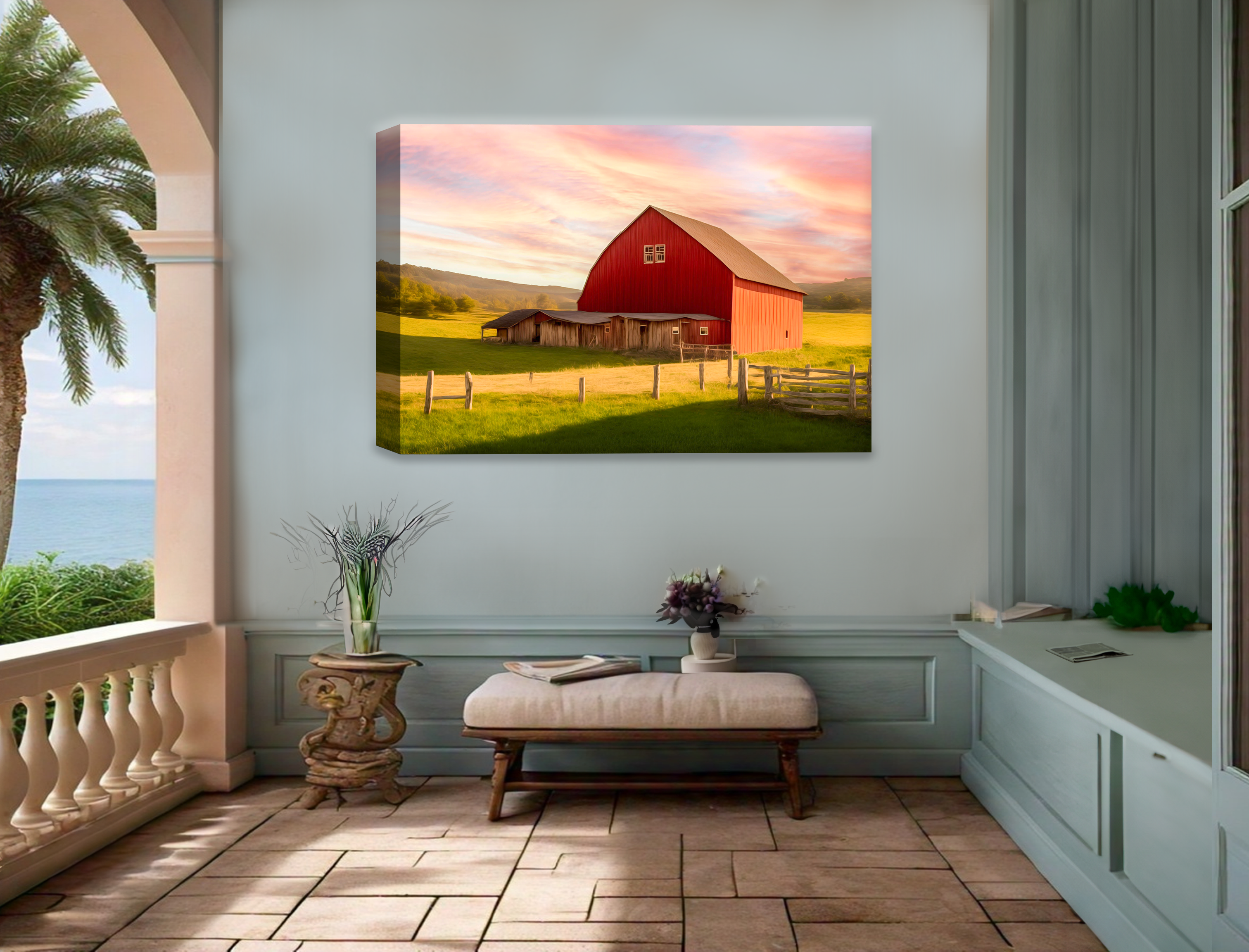 Painting of a Red Barn standing on a Field.  Printed on Waterproof Canvas on Outside Wall 4