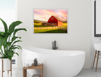 Painting of a Red Barn standing on a Field.  Printed on Waterproof Canvas with White Frame - Hanging on Bathroom Wall