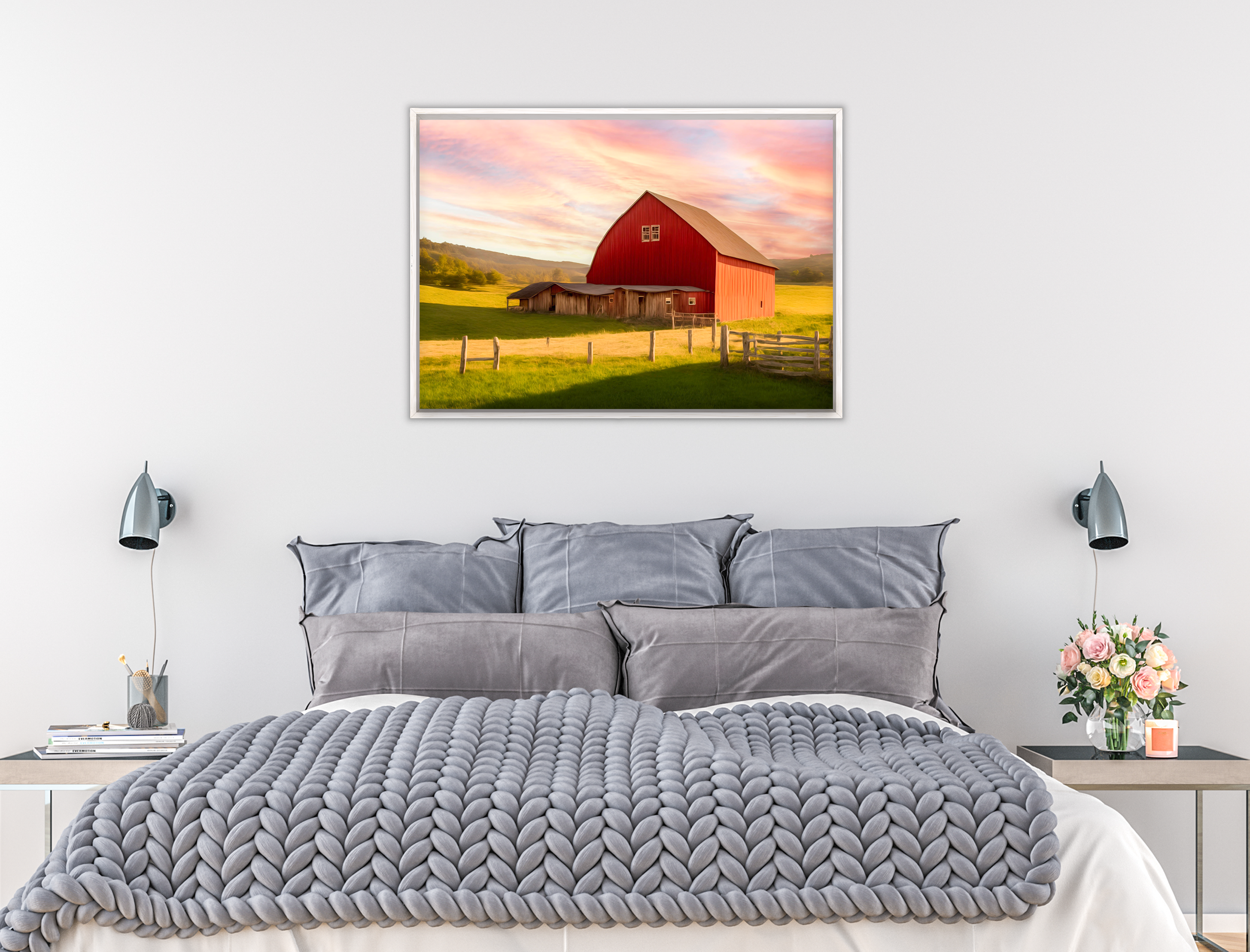 Painting of a Red Barn standing on a Field.  Printed on Waterproof Canvas with White Frame - Hanging on Bedroom Wall