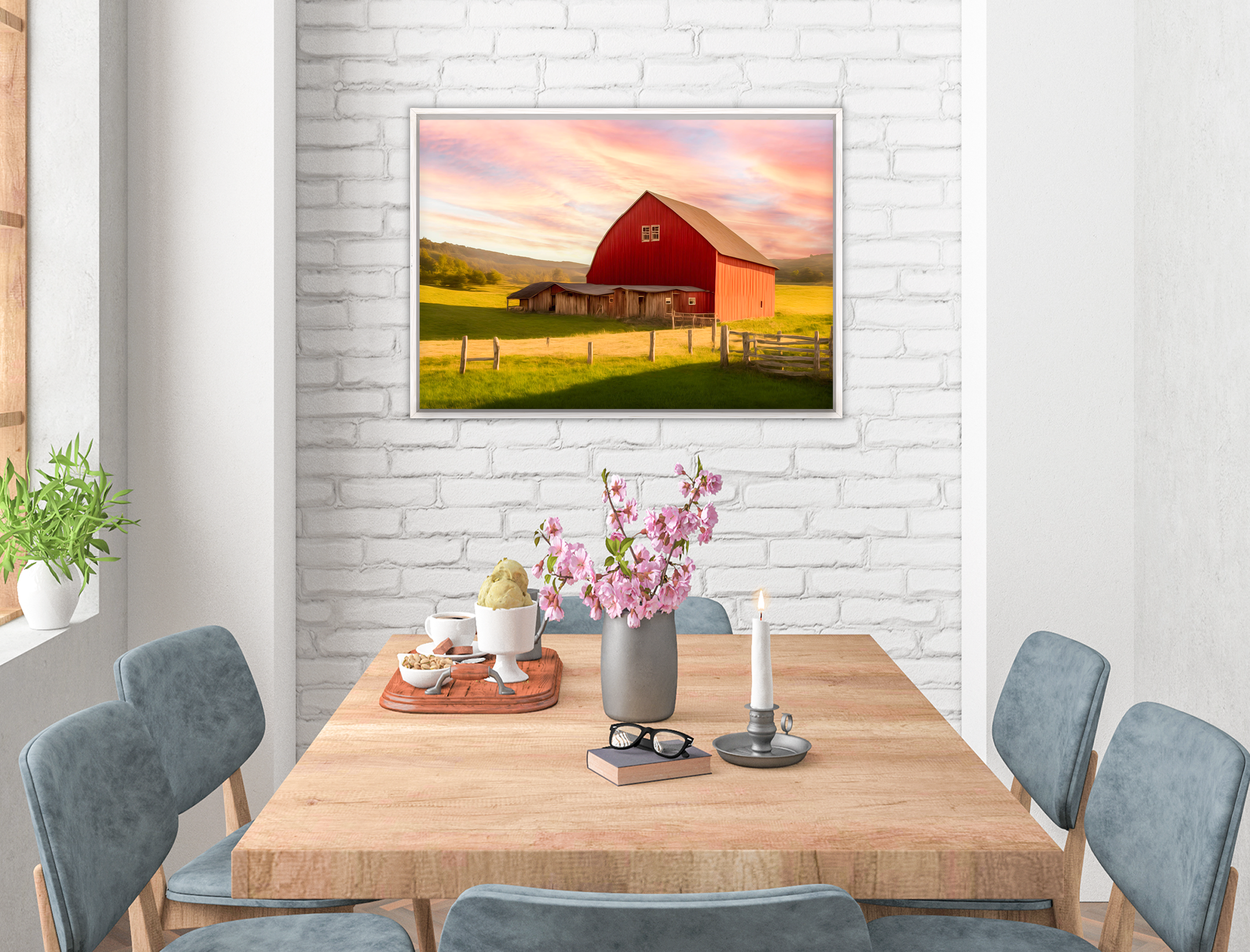 Painting of a Red Barn standing on a Field.  Printed on Waterproof Canvas with White Frame - Hanging on Dining Room Wall