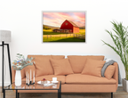 Painting of a Red Barn standing on a Field.  Printed on Waterproof Canvas with White Frame - Hanging on Living Room Wall - Beige Couch