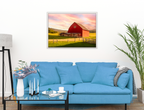 Painting of a Red Barn standing on a Field.  Printed on Waterproof Canvas with White Frame - Hanging on Living Room Wall - Blue Couch