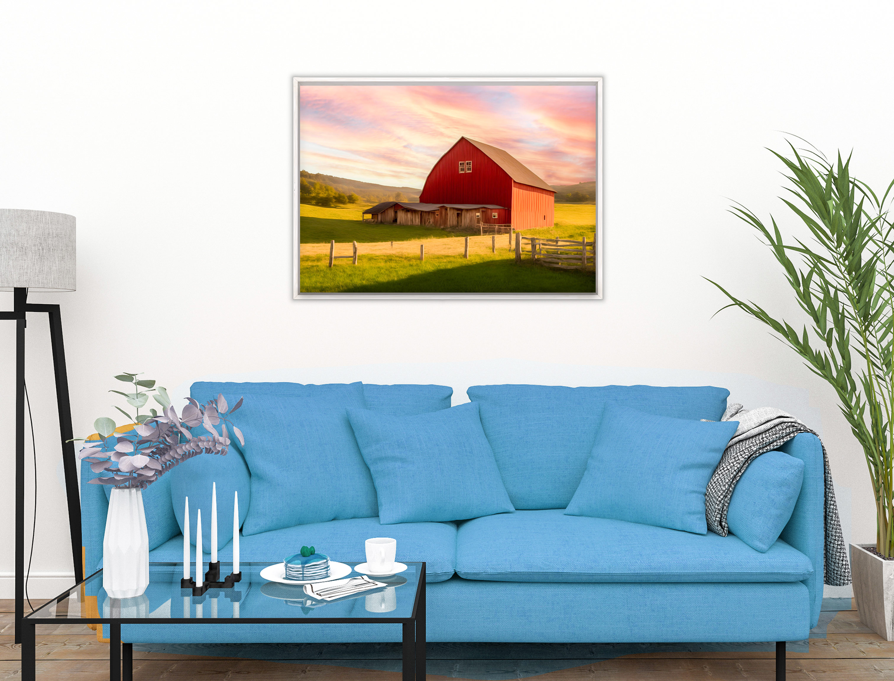 Painting of a Red Barn standing on a Field.  Printed on Waterproof Canvas with White Frame - Hanging on Living Room Wall - Blue Couch