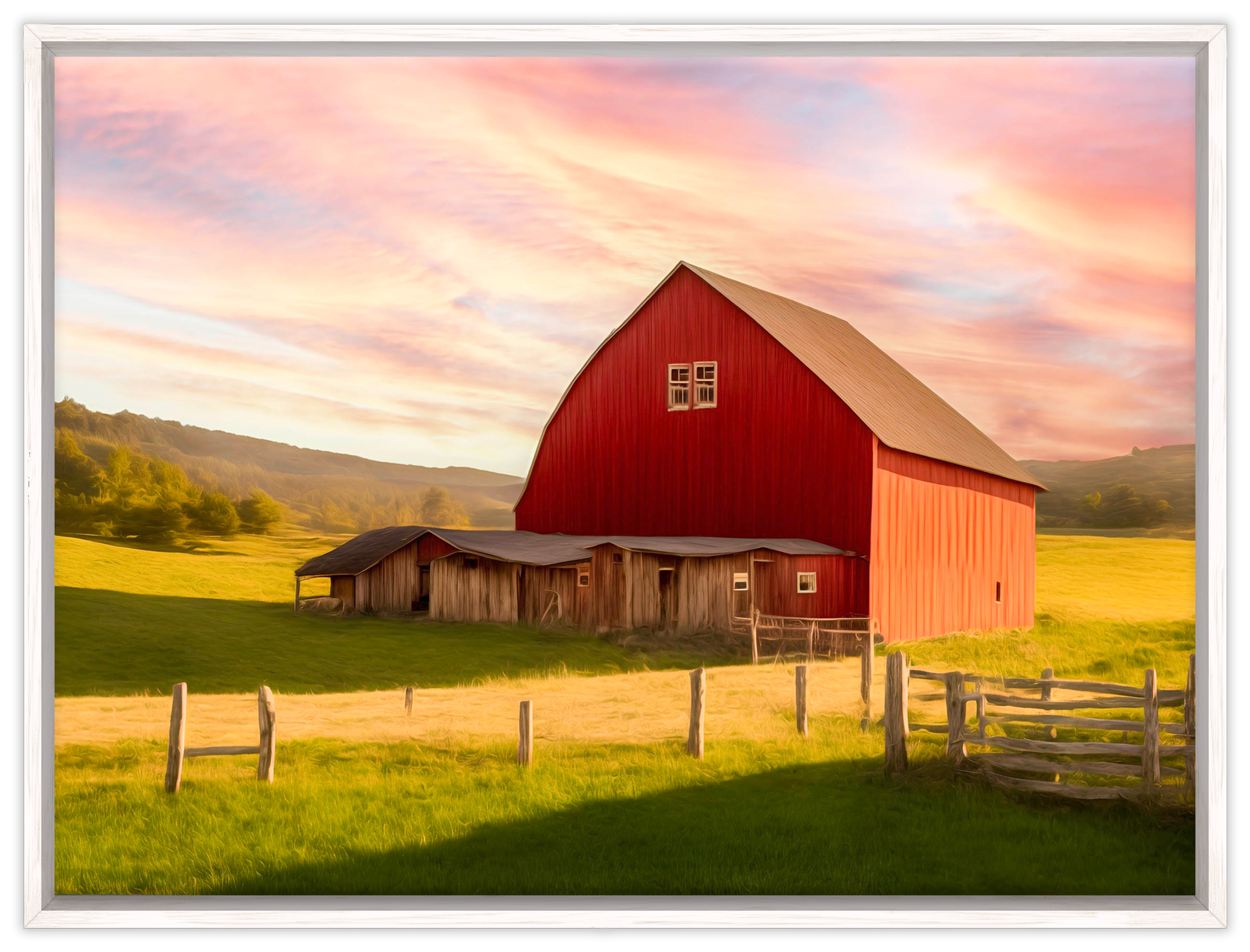 Painting of a Red Barn standing on a Field.  Printed on Waterproof Canvas with White Frame