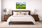 Green fairway at the 15th hole of Muirfield Village Golf Club printed on canvas wall art displayed on a wall above a bed.