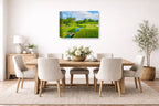 Green fairway at the 15th hole of Muirfield Village Golf Club printed on canvas wall art displayed on a wall in the dinning room