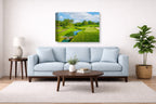 Green fairway at the 15th hole of Muirfield Village Golf Club printed on canvas wall art displayed above a couch in a living room