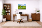 Green fairway at the 15th hole of Muirfield Village Golf Club printed on canvas wall art displayed on a wall in a a home office.