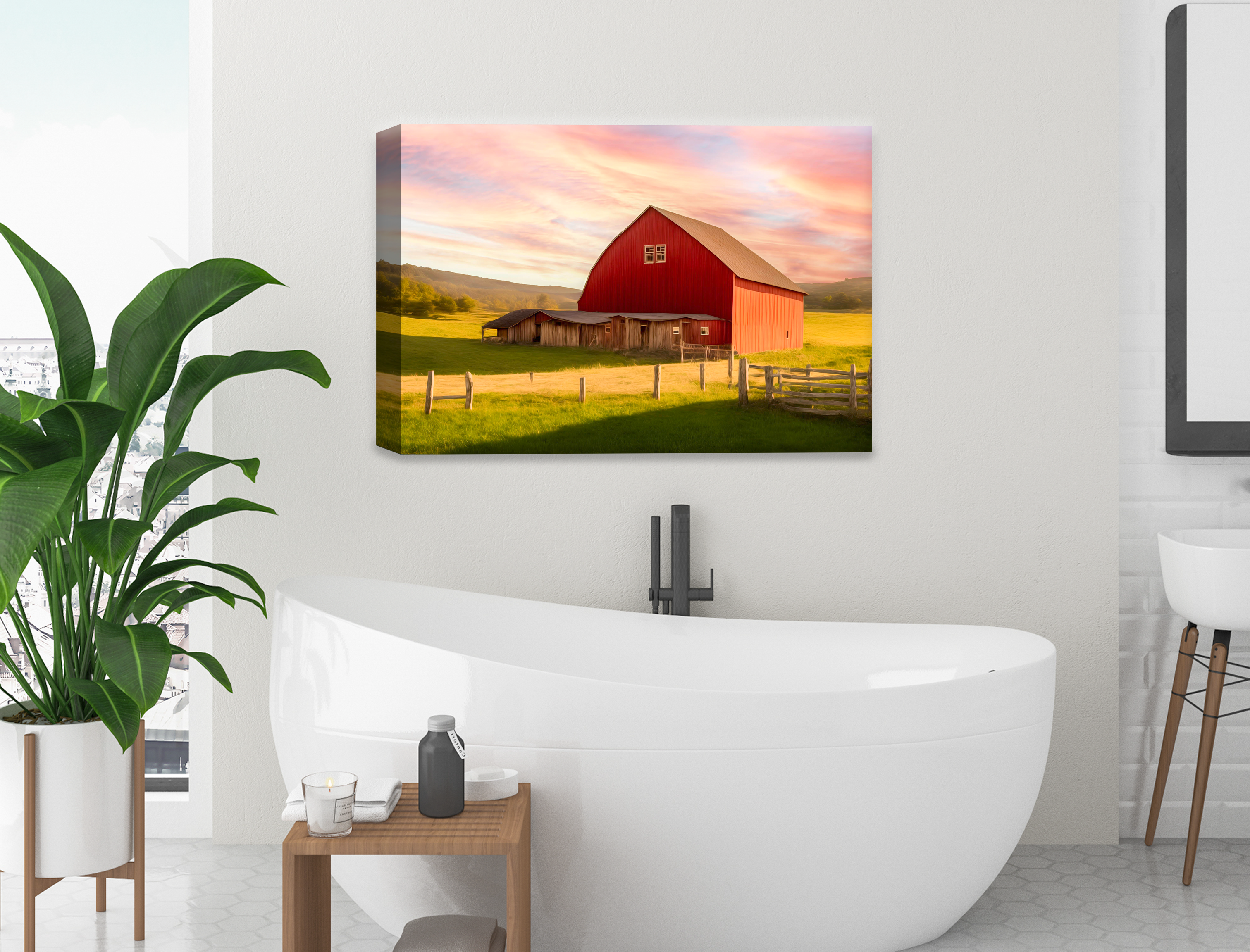 Painting of a Red Barn standing on a Field.  Printed on Waterproof Canvas.  Hanging on Bathroom Wall. 