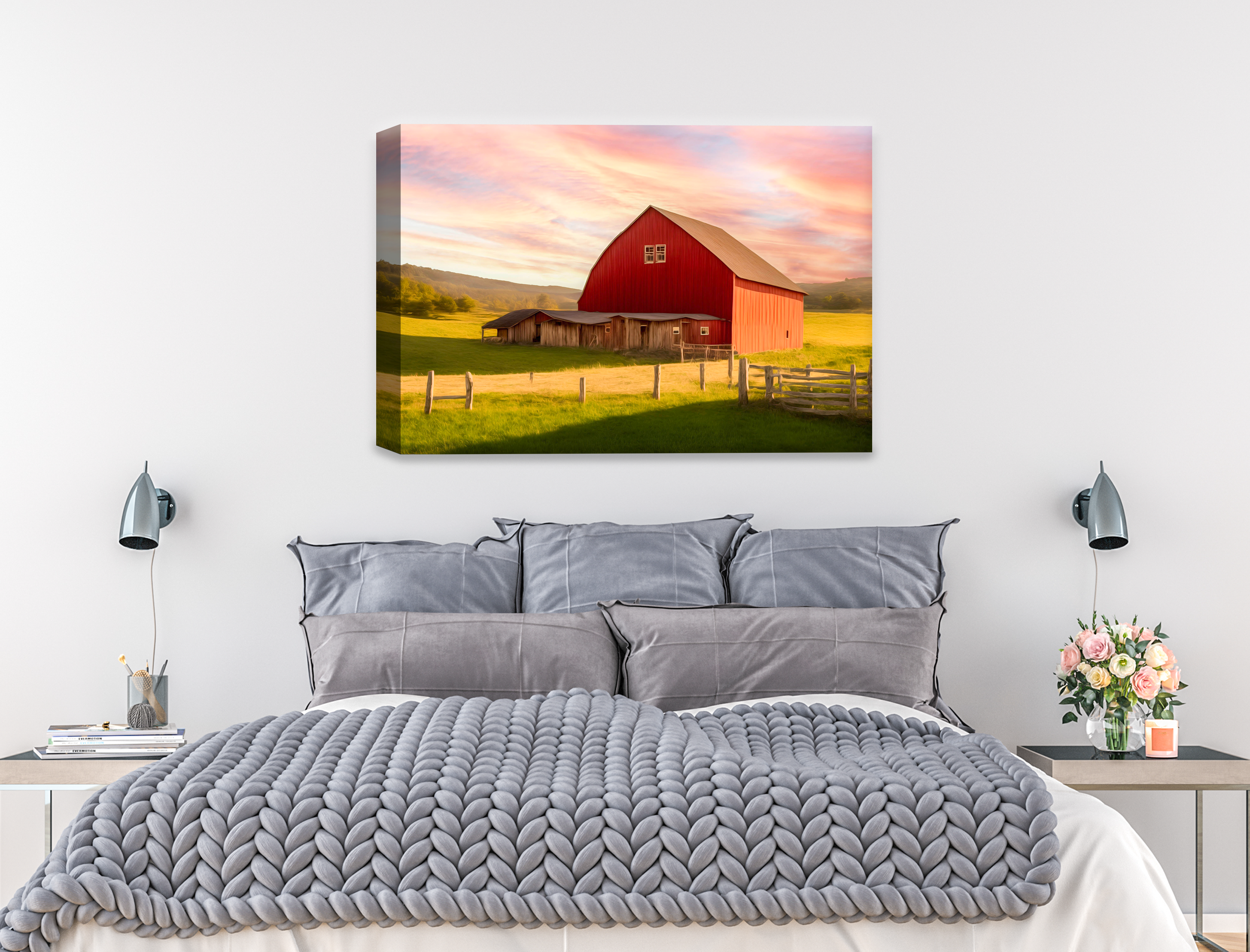 Painting of a Red Barn standing on a Field.  Printed on Waterproof Canvas.  Hanging on Bedroom Wall. 