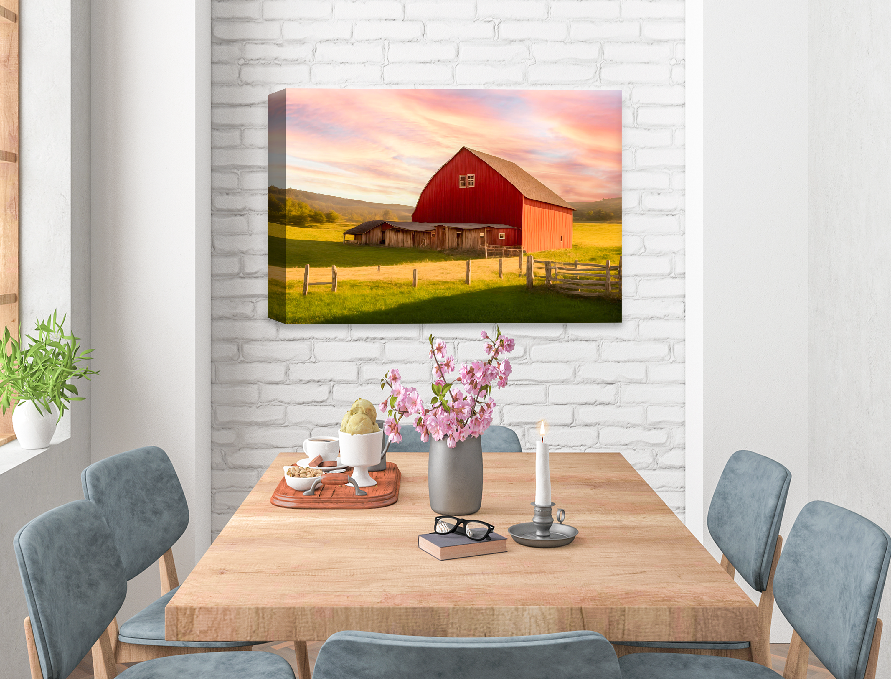 Painting of a Red Barn standing on a Field.  Printed on Waterproof Canvas.  Hanging on Dining Room Wall. 