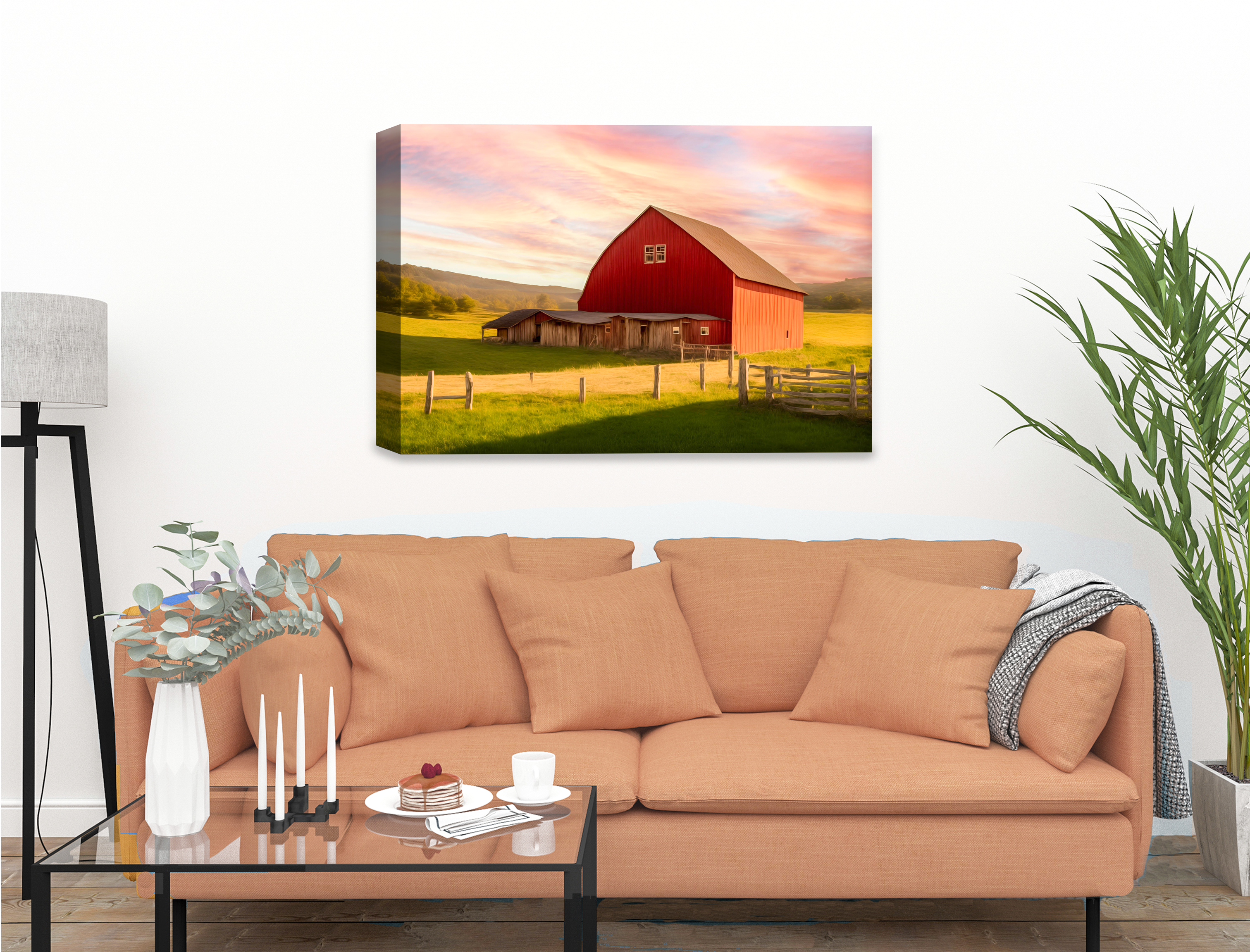 Painting of a Red Barn standing on a Field.  Printed on Waterproof Canvas.  Hanging on Living Room Wall. 