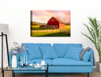 Painting of a Red Barn standing on a Field.  Printed on Waterproof Canvas.  Hanging on Living Room Wall - Blue Couch