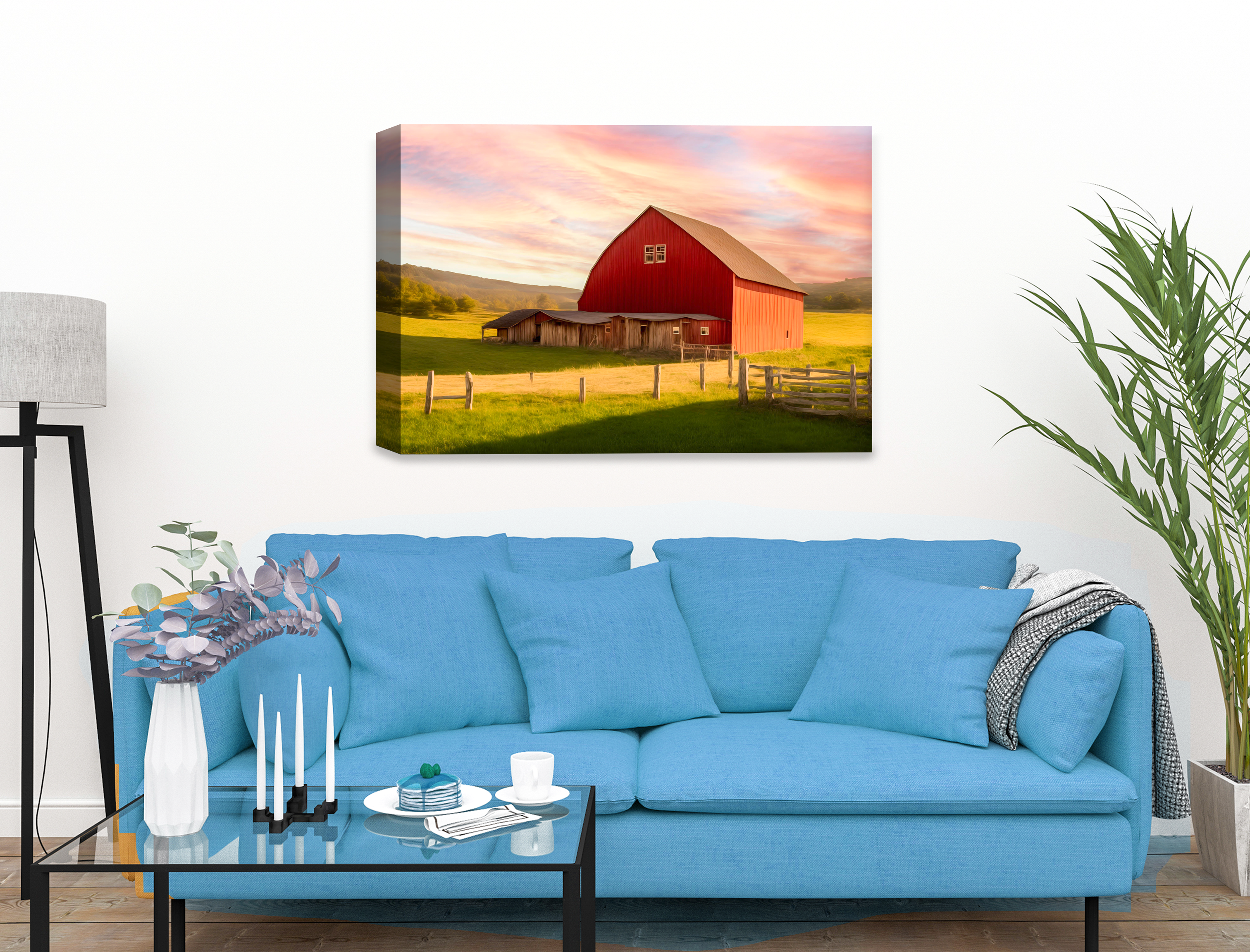 Painting of a Red Barn standing on a Field.  Printed on Waterproof Canvas.  Hanging on Living Room Wall - Blue Couch