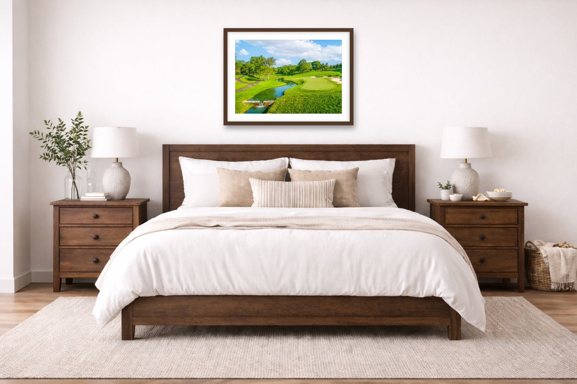 Green fairway at the 15th hole of Muirfield Village Golf Club printed on fine art paper, framed on a espresso frame and matted. Hung on a living bedroom wall. 