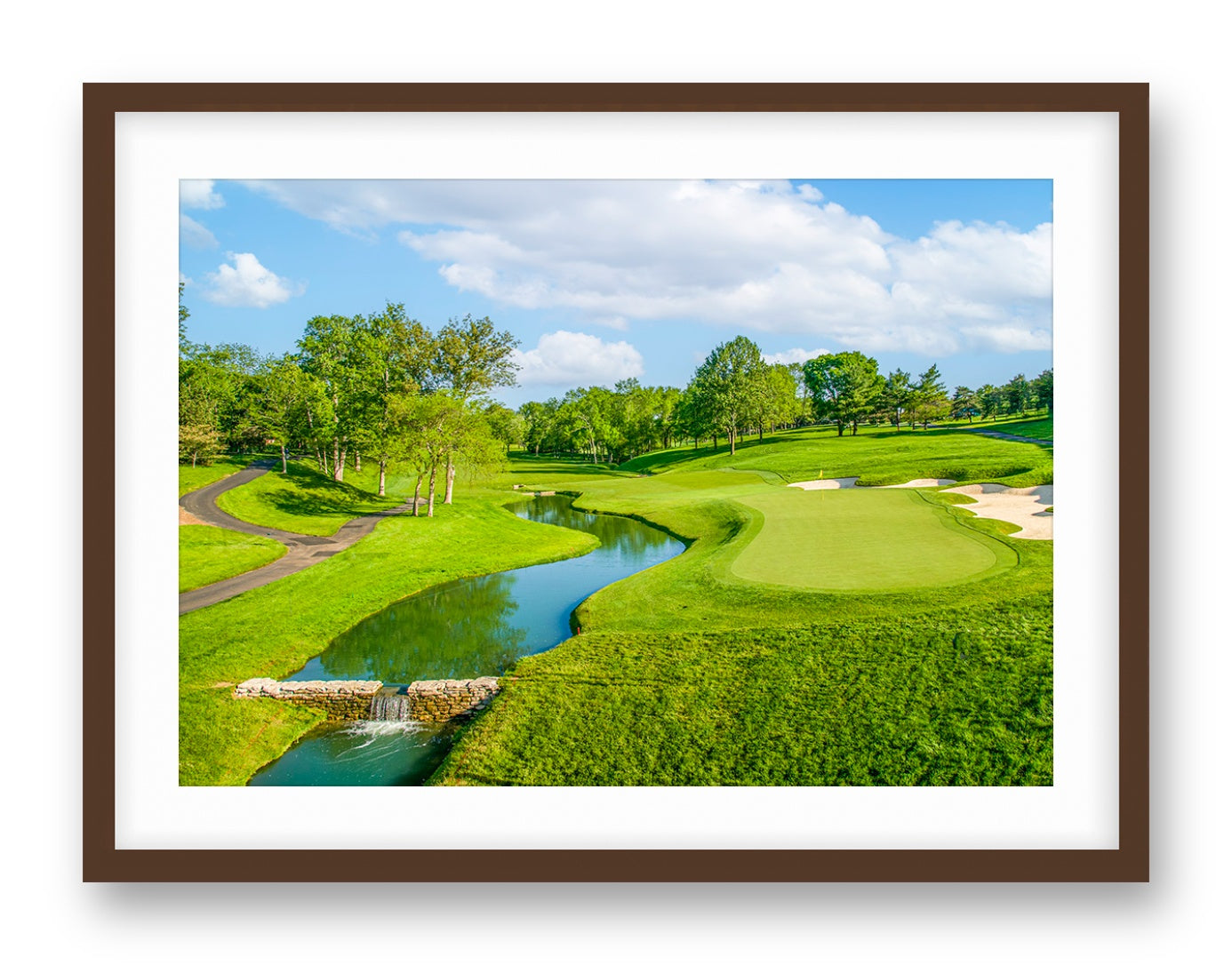 Green fairway at the 15th hole of Muirfield Village Golf Club printed on fine art paper, framed on a espresso frame and matted. 