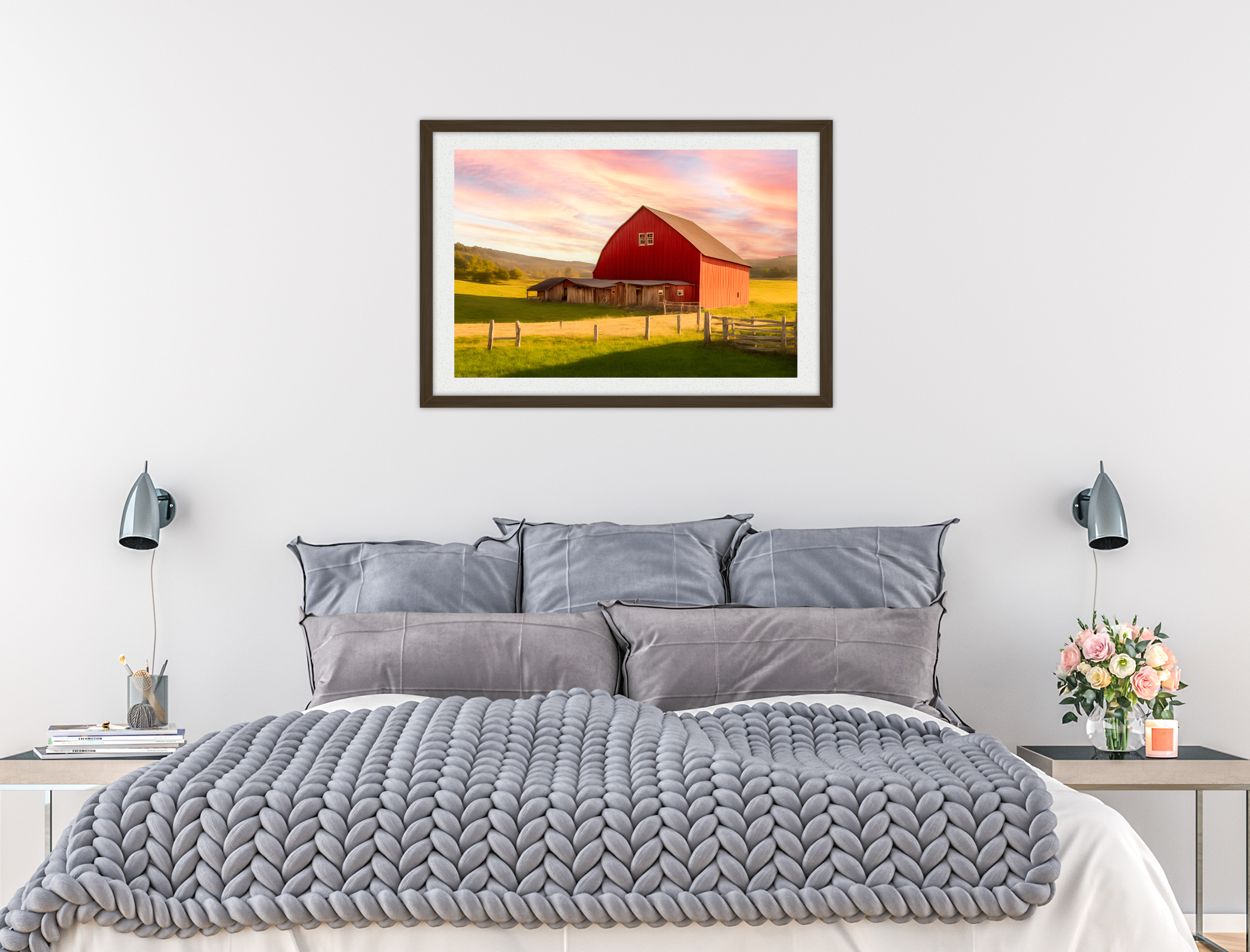 Painting of a Red Barn standing on a Field.  Printed on Fine Art Paper - Matted and Black Frame. Hanging on Dining Bedroom Wall