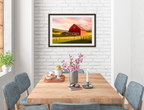 Painting of a Red Barn standing on a Field.  Printed on Fine Art Paper - Matted and Black Frame. Hanging on Dining Room Wall