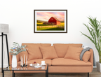 Painting of a Red Barn standing on a Field.  Printed on Fine Art Paper - Matted and Framed. Hanging in a Living Room