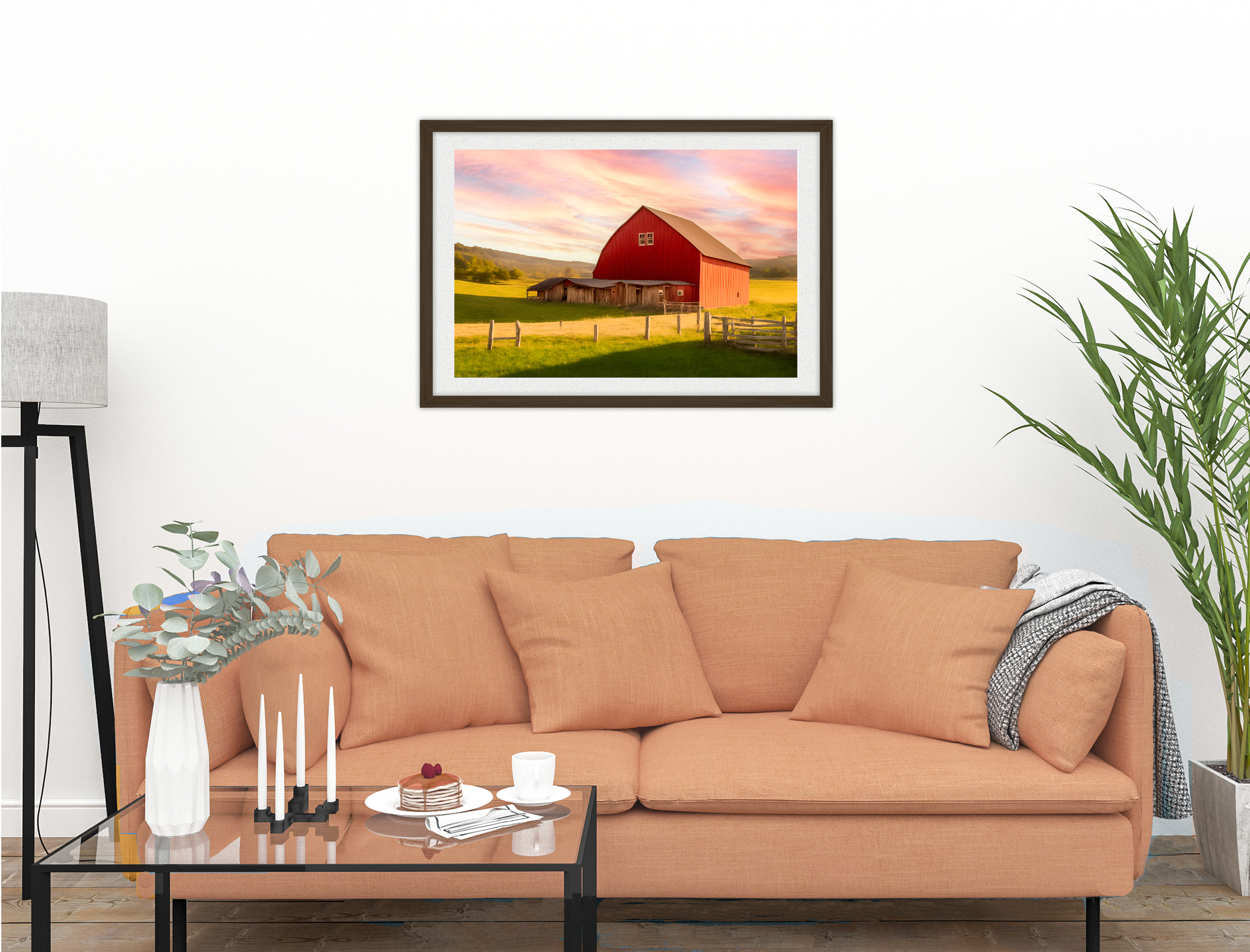 Painting of a Red Barn standing on a Field.  Printed on Fine Art Paper - Matted and Framed. Hanging in a Living Room