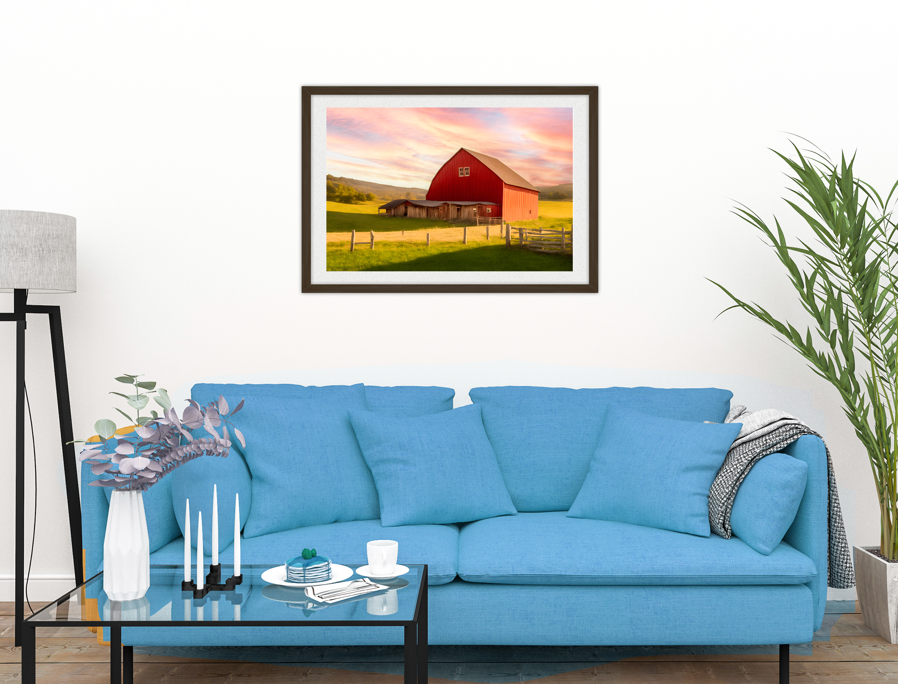 Painting of a Red Barn standing on a Field.  Printed on Fine Art Paper - Matted and Black Frame. Hanging in a Living Room 2