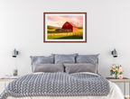 Painting of a Red Barn standing on a Field.  Printed on Fine Art Paper - Matted and Brown Frame. Hanging on Bed Room Wall