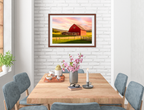 Painting of a Red Barn standing on a Field.  Printed on Fine Art Paper - Matted and Brown Frame. Hanging on Dining Room Wall 2