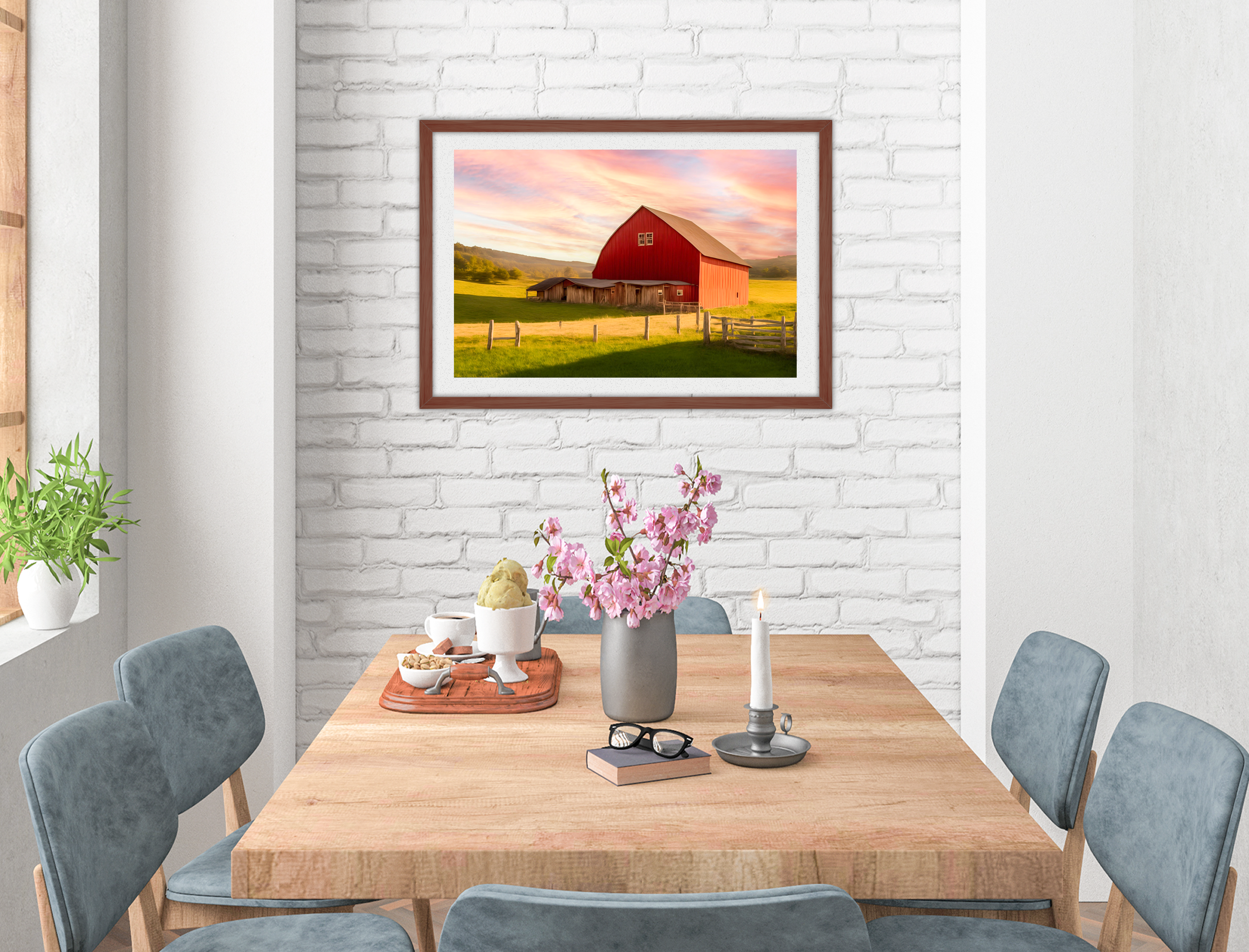 Painting of a Red Barn standing on a Field.  Printed on Fine Art Paper - Matted and Brown Frame. Hanging on Dining Room Wall 2