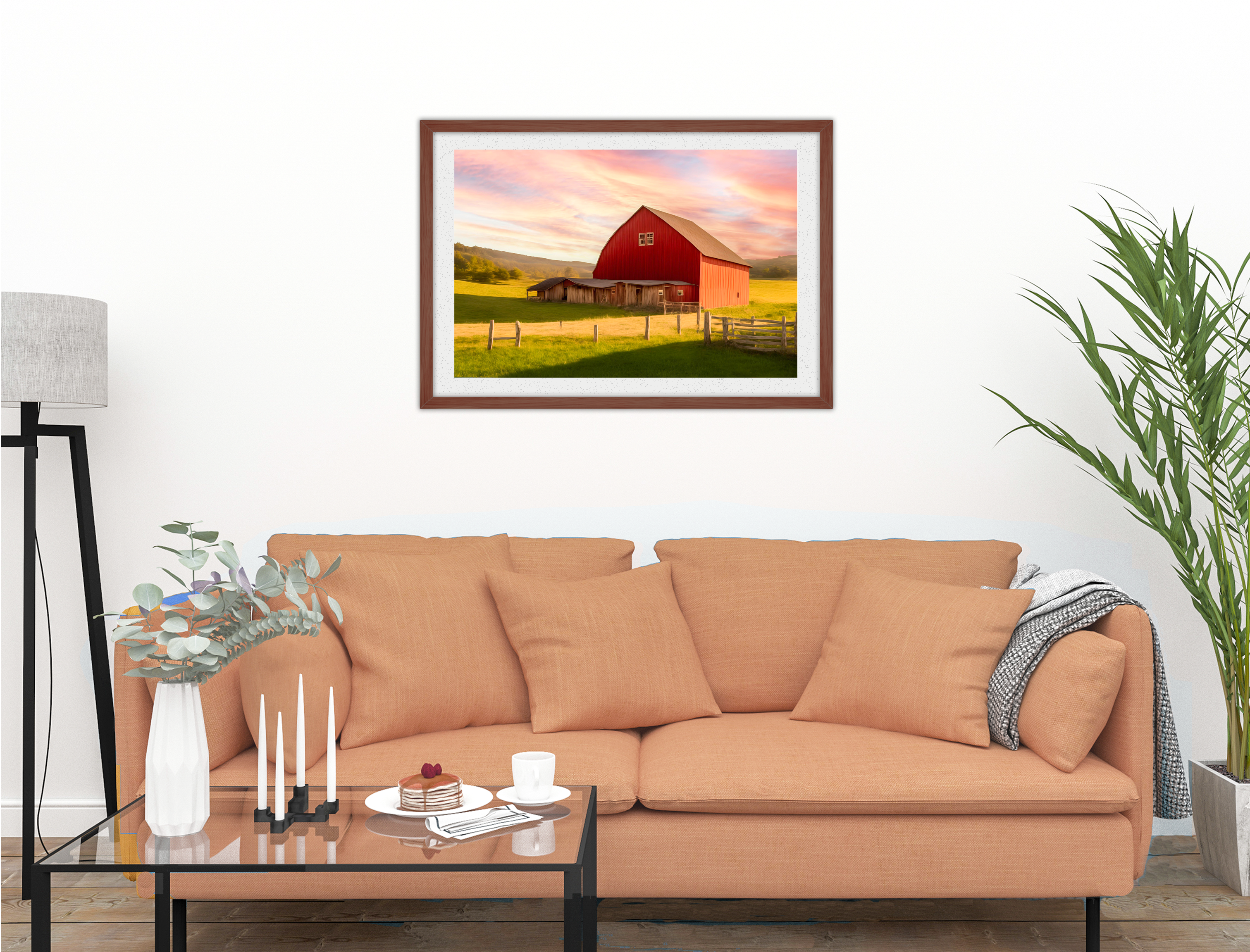 Painting of a Red Barn standing on a Field.  Printed on Fine Art Paper - Matted and Brown Frame. Hanging on Living  Room Wall 1.