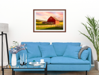 Painting of a Red Barn standing on a Field.  Printed on Fine Art Paper - Matted and Brown Frame. Hanging on Dining Room Wall 2