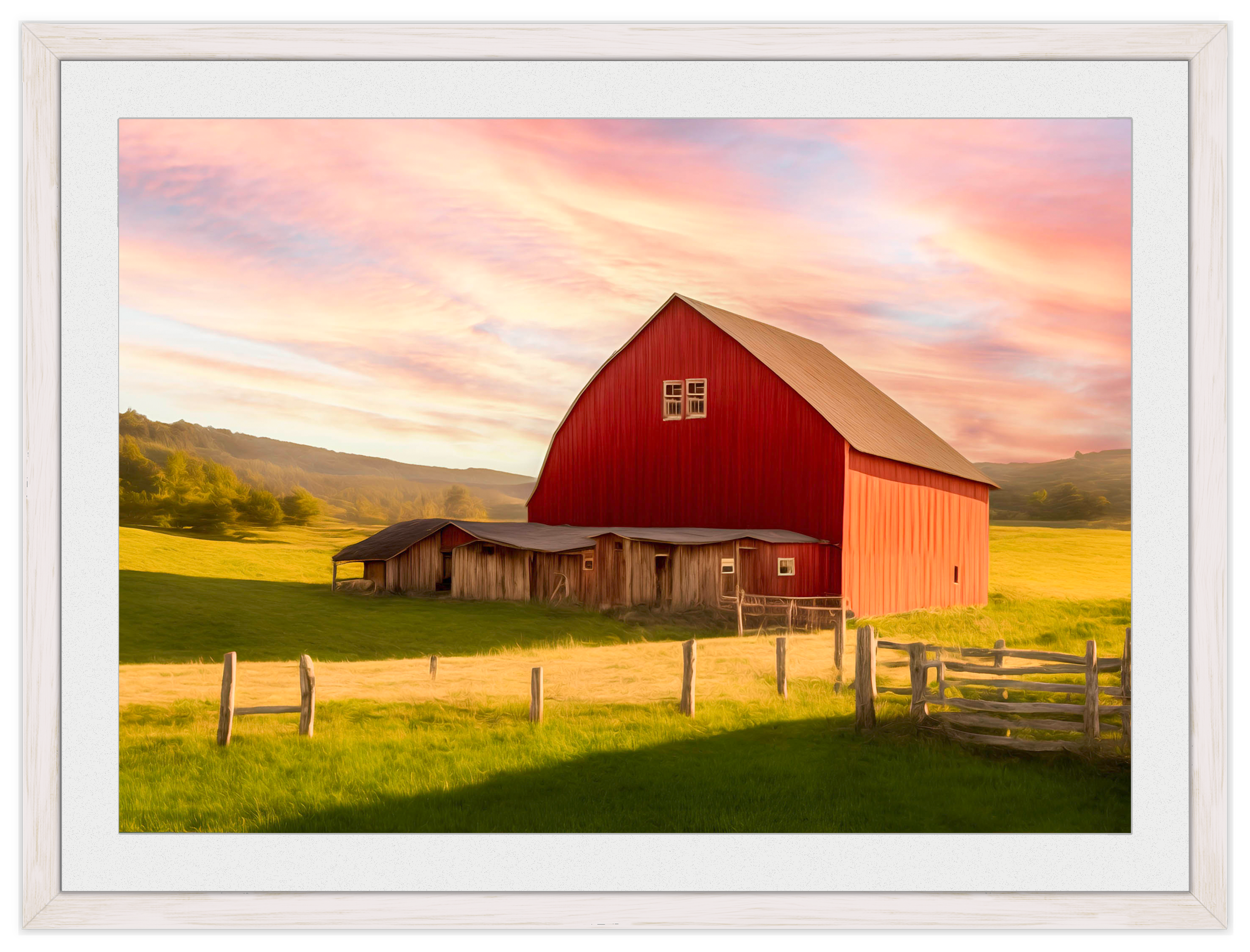 Painting of a Red Barn standing on a Field.  Printed on Fine Art Paper - Matted and White Frame.