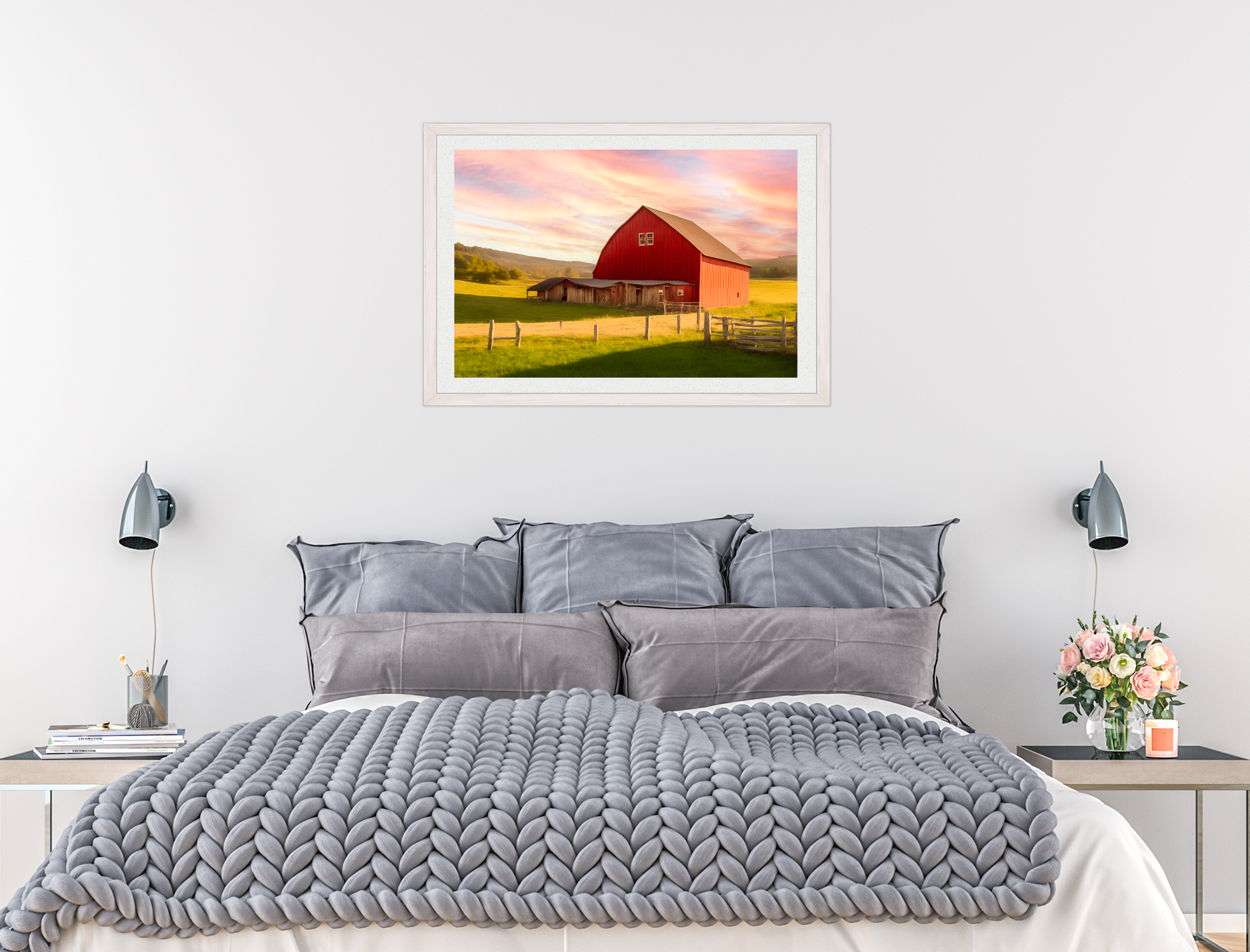 Painting of a Red Barn standing on a Field.  Printed on Fine Art Paper - Matted and White Frame. Hanging on Bedroom Wall