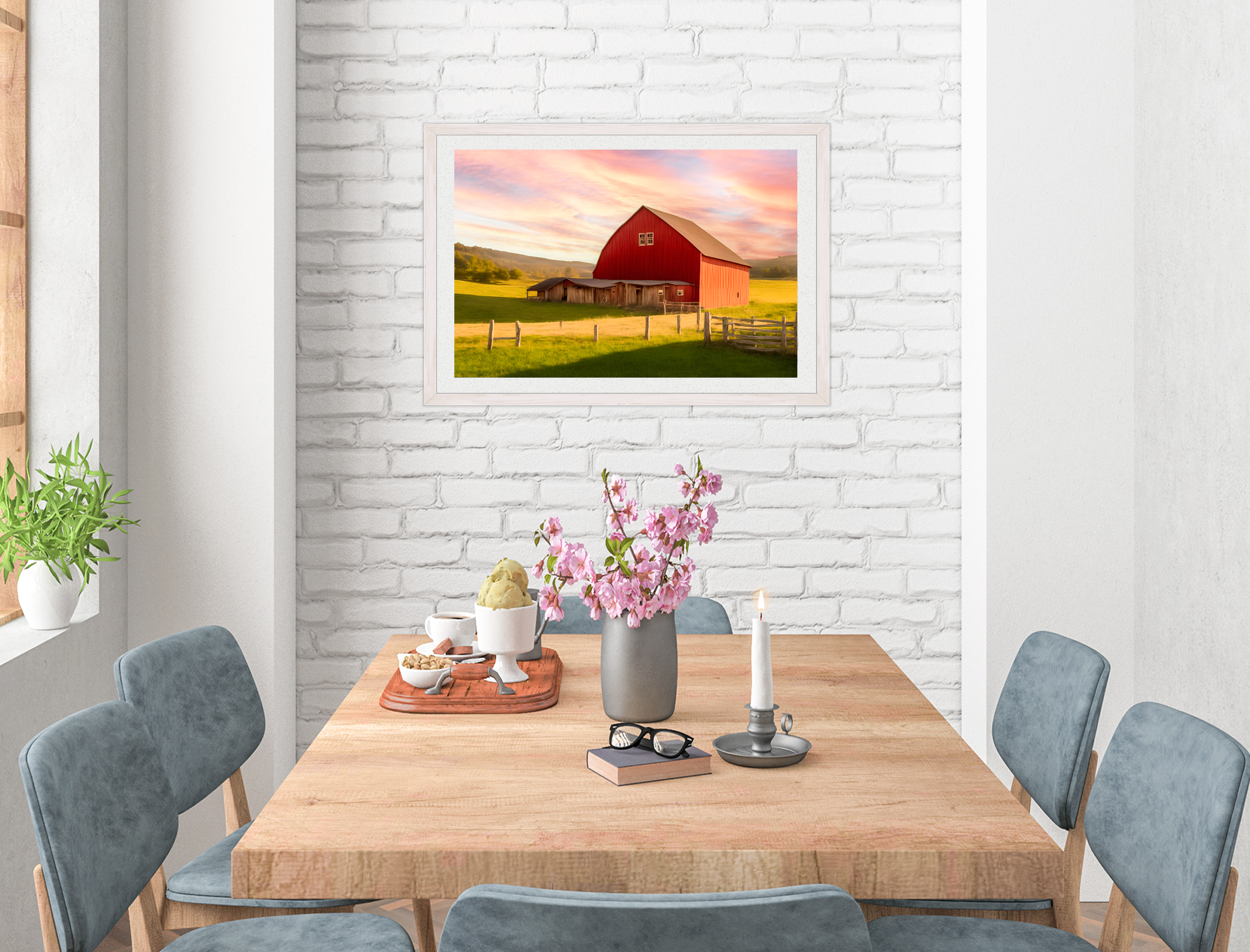 Painting of a Red Barn standing on a Field.  Printed on Fine Art Paper - Matted and White Frame. Hanging on Dining Room Wall - 3