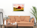 Painting of a Red Barn standing on a Field.  Printed on Fine Art Paper - Matted and White Frame. Hanging on Living Room Wall #1